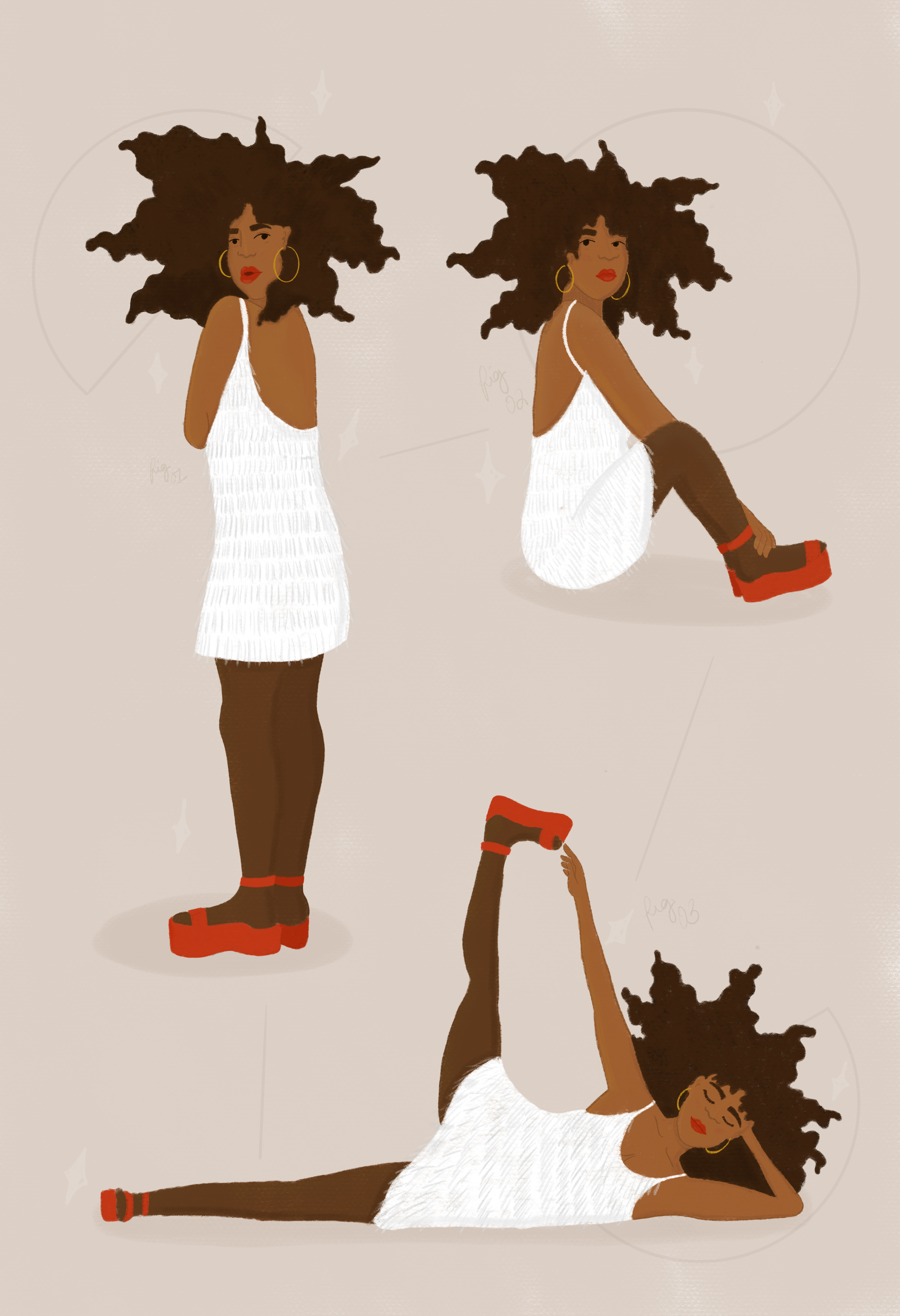 One character in a white dress and big, kinky hair in three poses on a beige background.