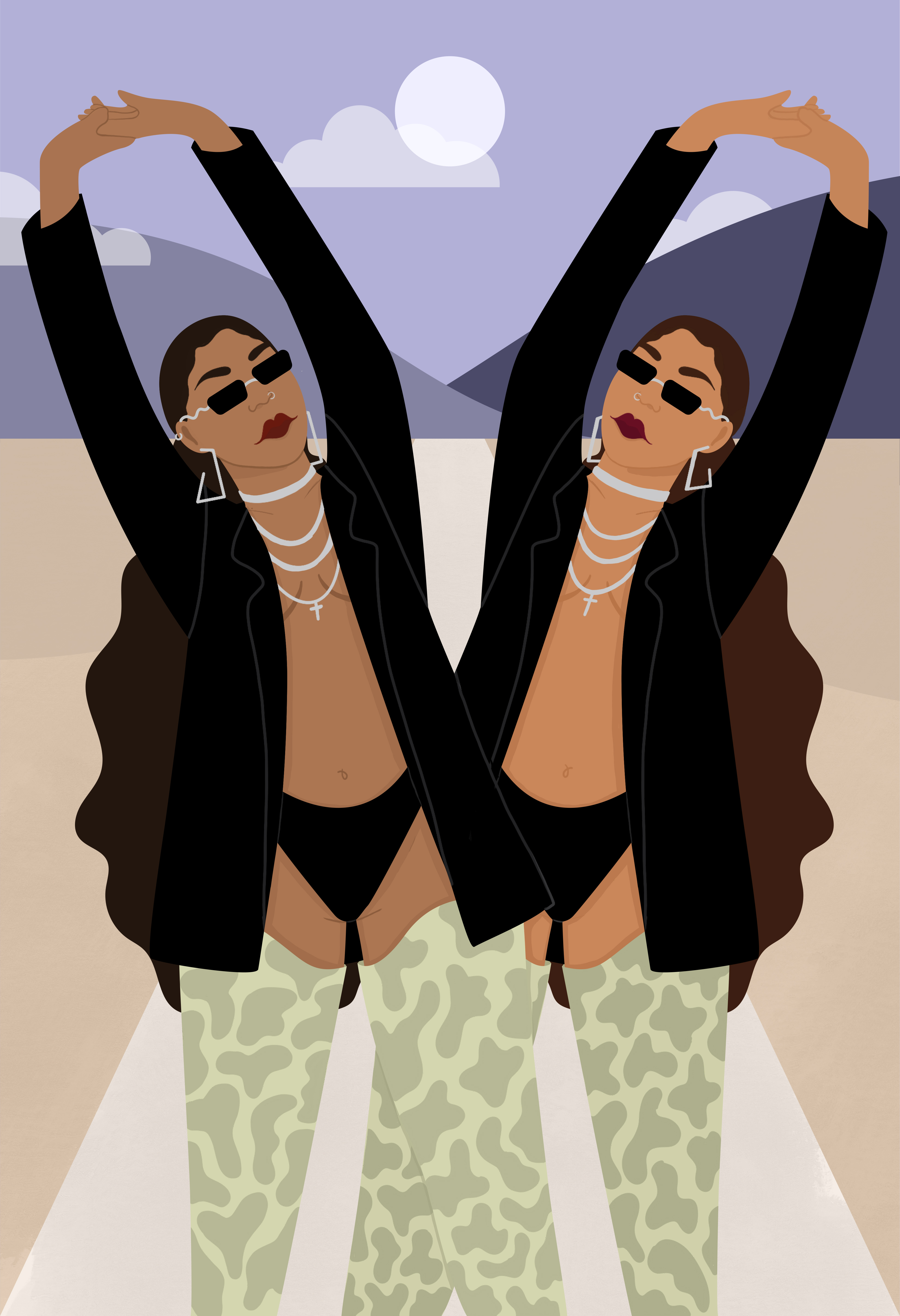 Two characters in black blazers and knee-high boots in front of purple mountains, the moon high.