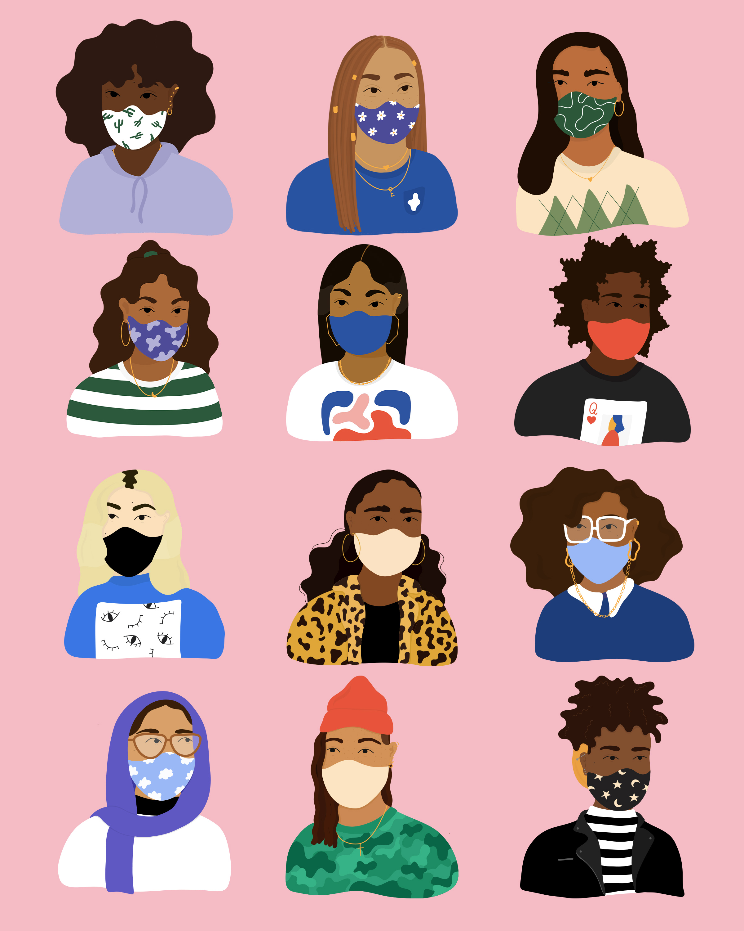 Twelve different characters chest-up with face masks on a bright pink background.