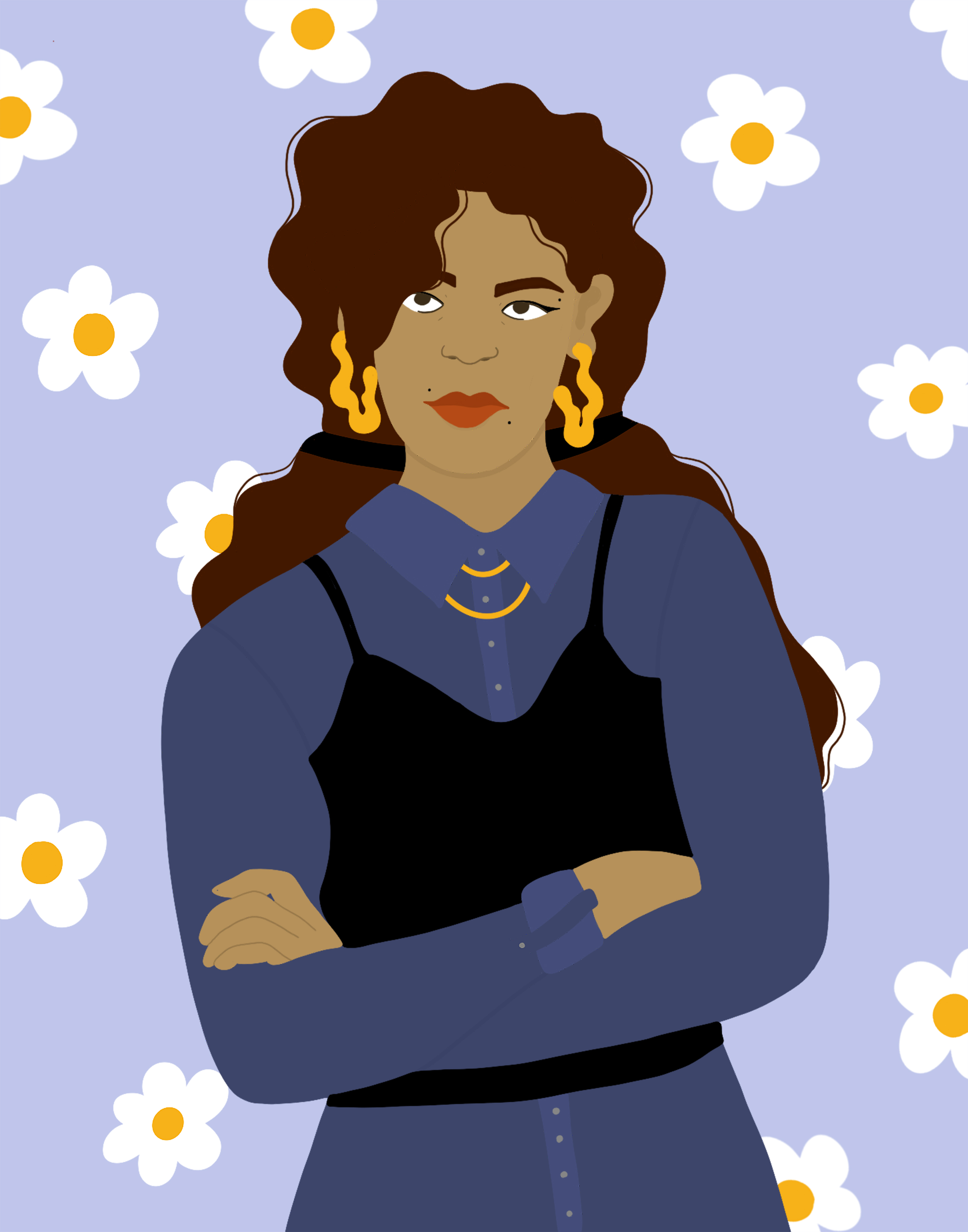 A woman with long curly hair crosses her arms in front of a lavender background covered in daisies.
