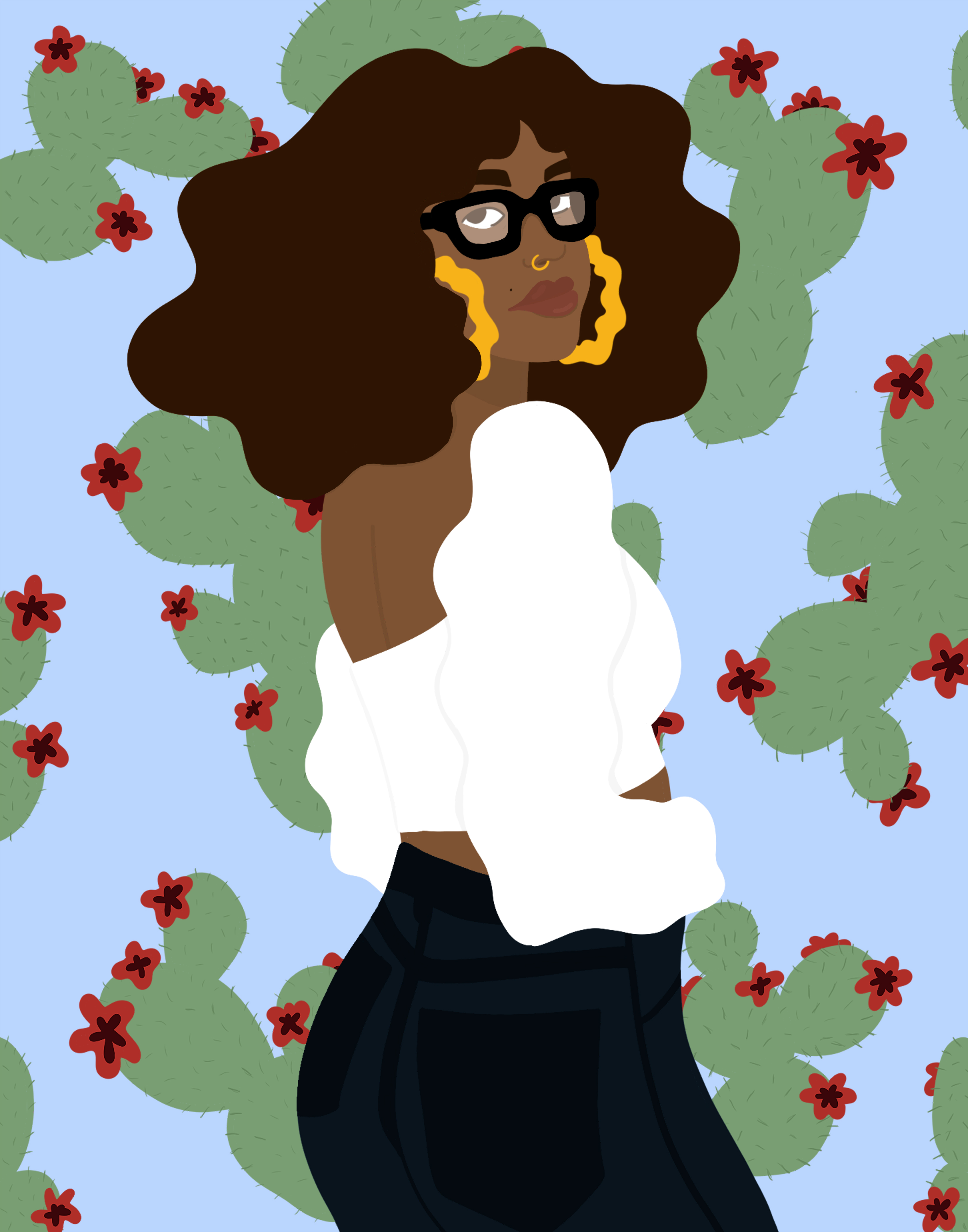 A woman with big curly hair poses in front of a blue background with prickly pear cacti.
