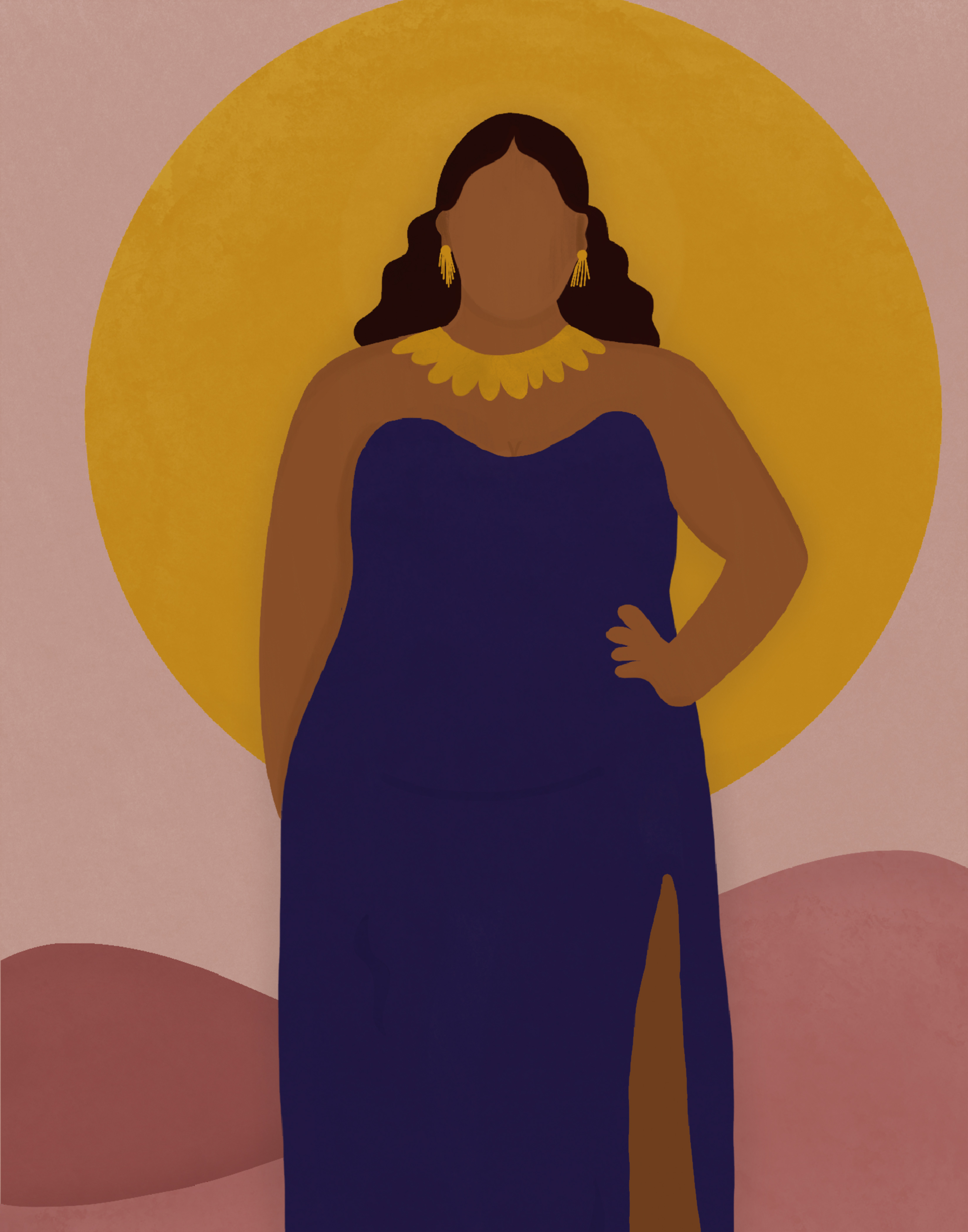 A woman in a cobalt dress stands in front of pink hills and a gold sun.