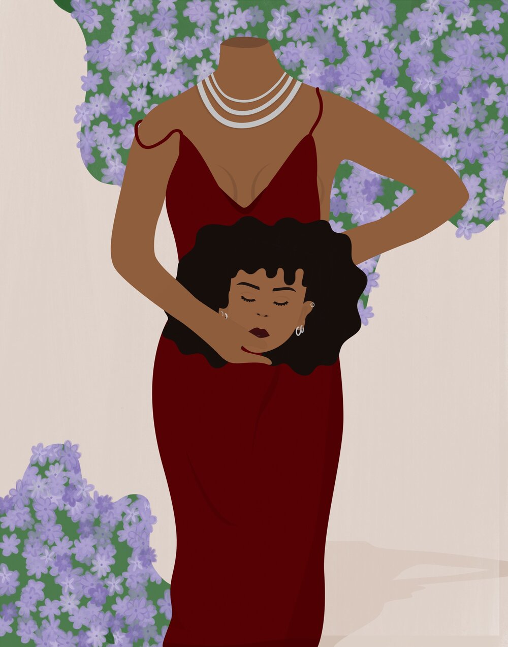 A headless woman in a red dress holds her head in front of a beige background with flowers.