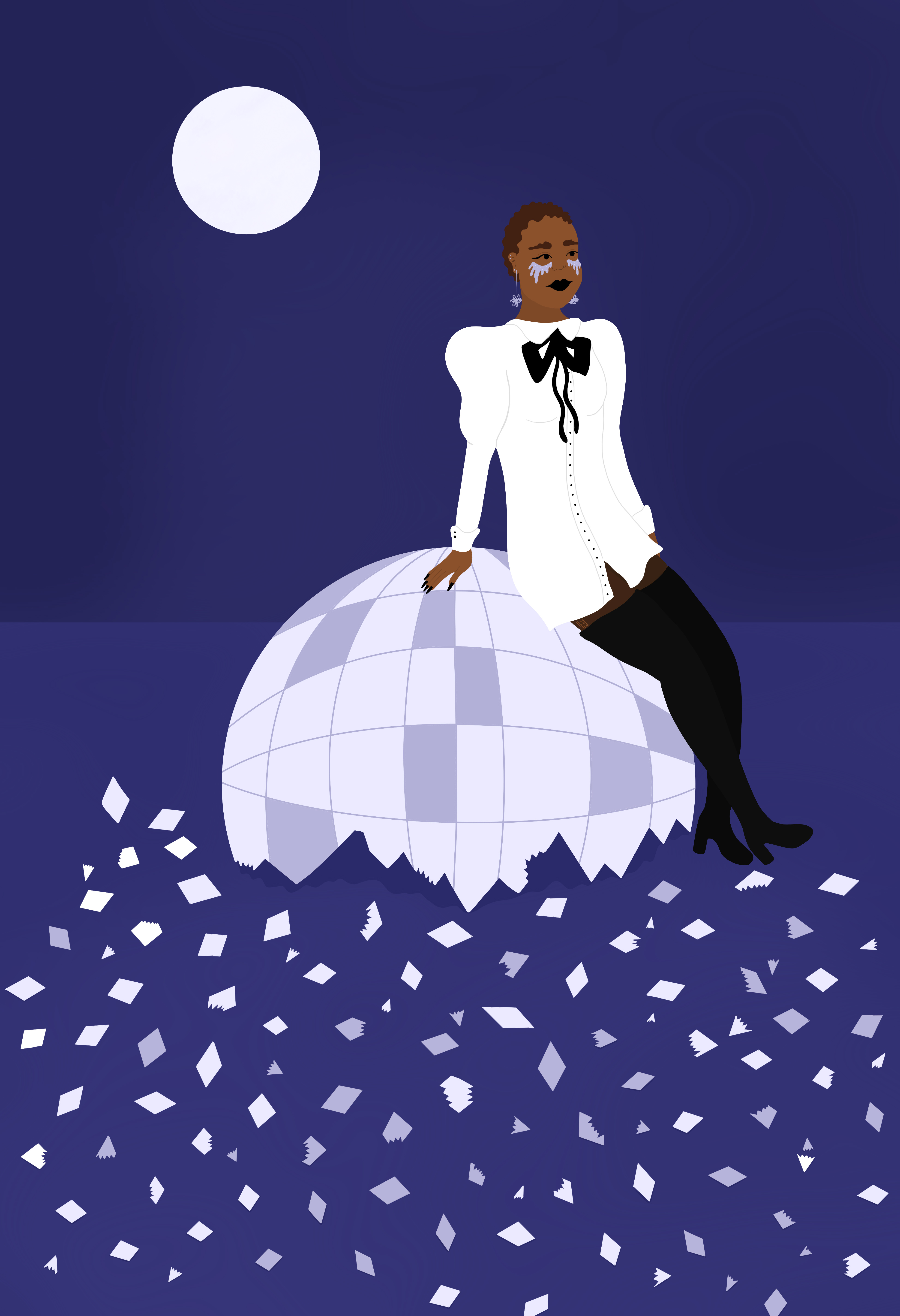A woman in a white dress sits on a shattered disco ball.