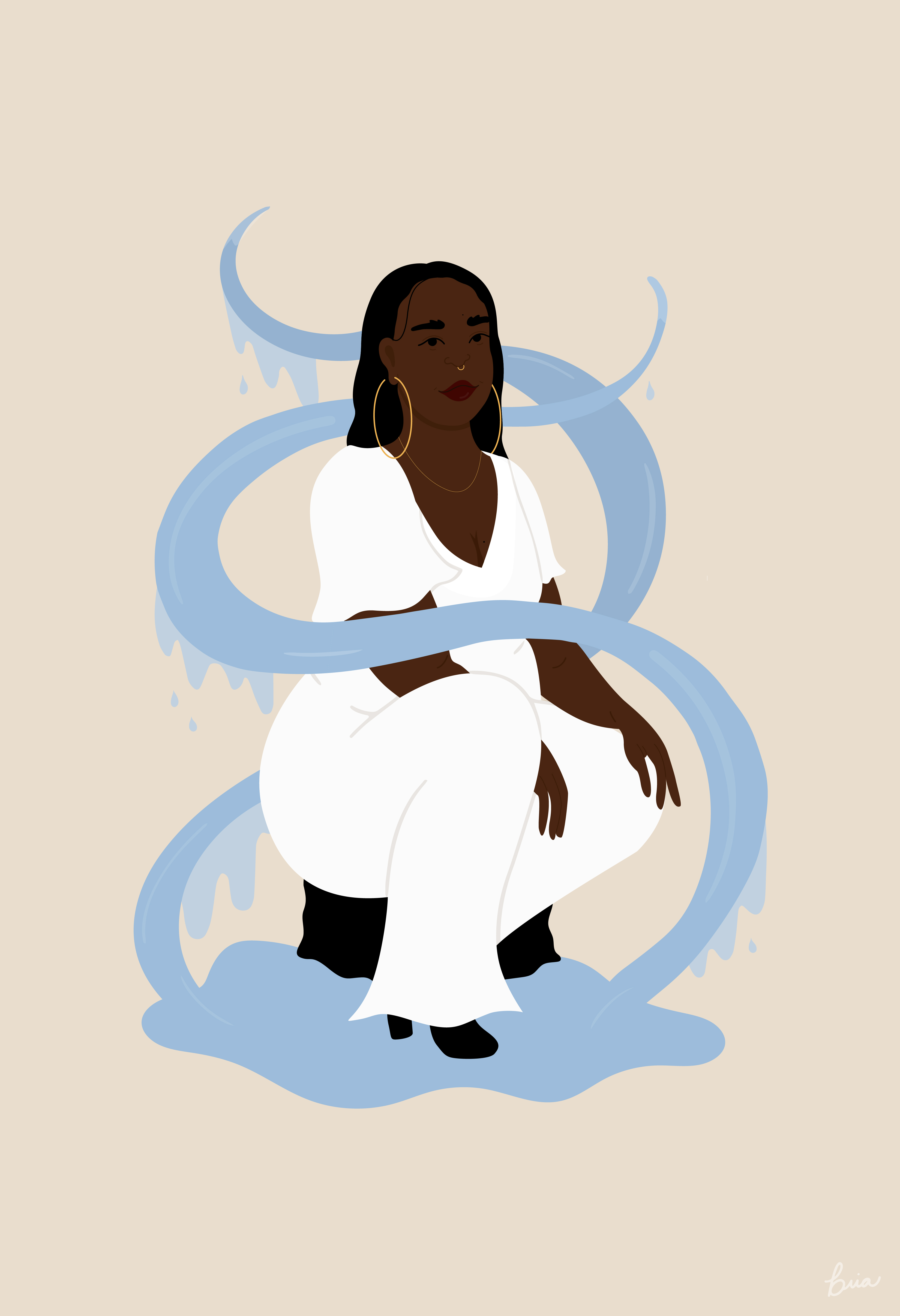 A Black woman in a white jumpsuit crouches in a pool of water.