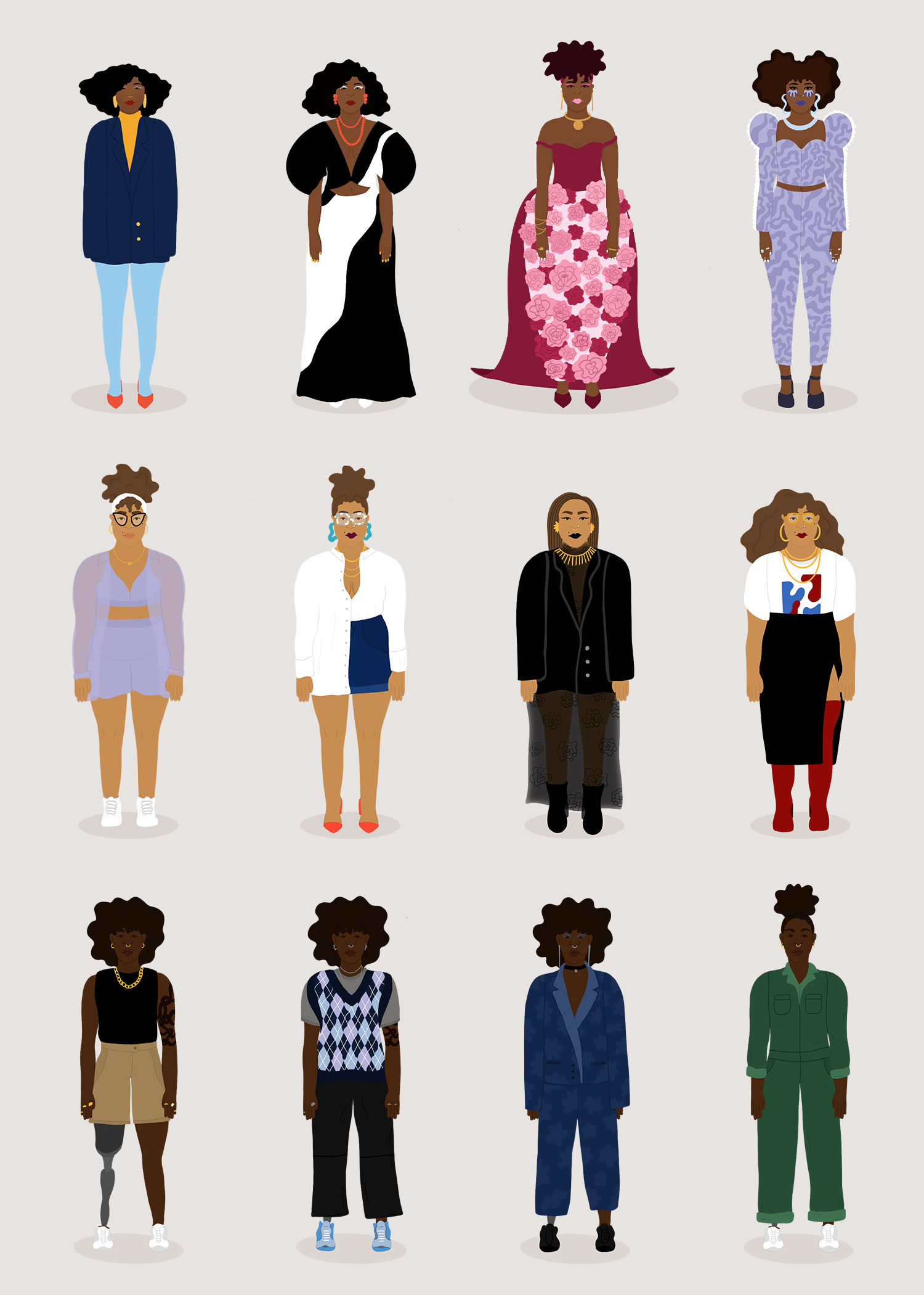 12 characters in 4 columns on a beige background.