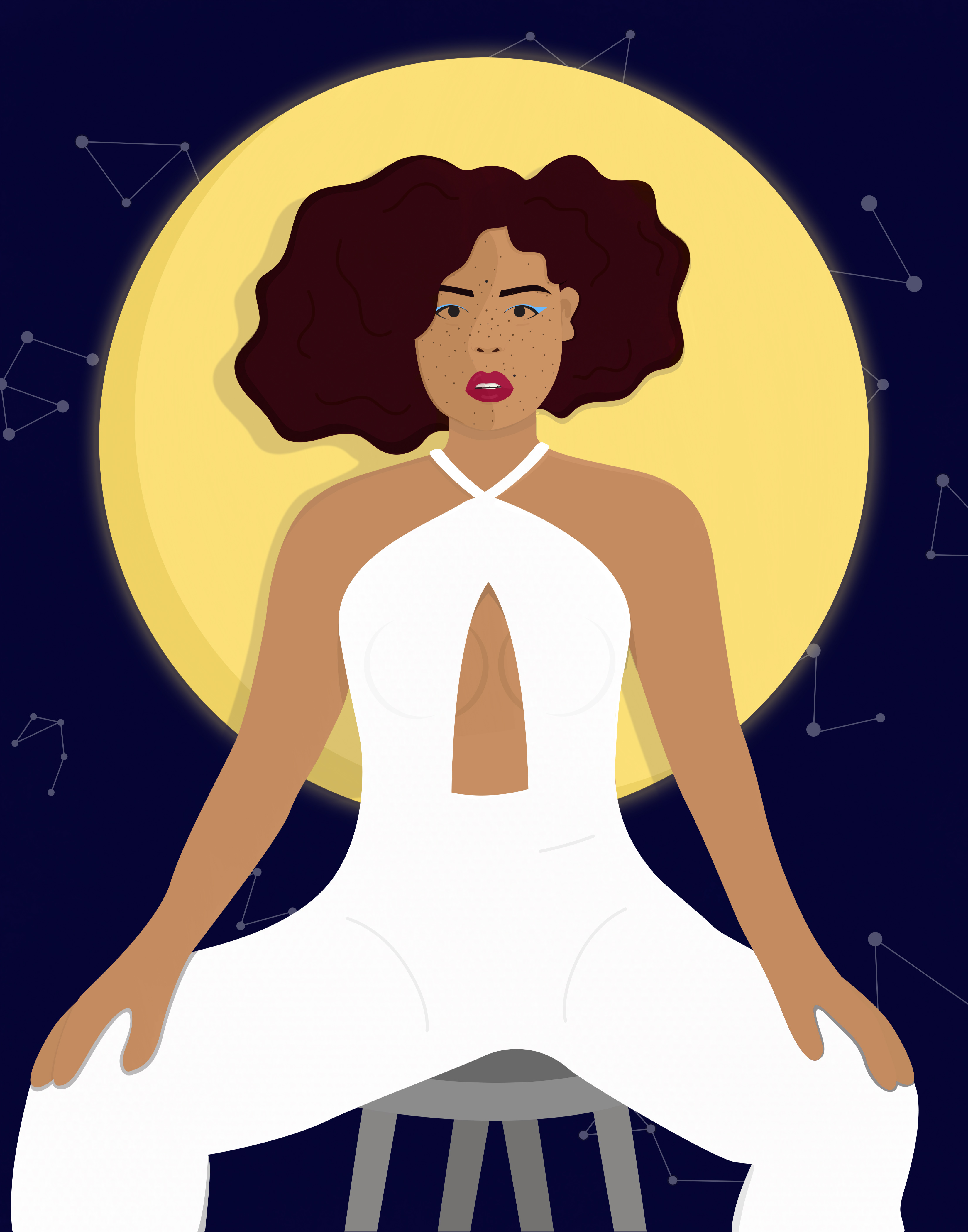 Black woman in a white jumpsuit sits on a stool in front of a large yellow moon.