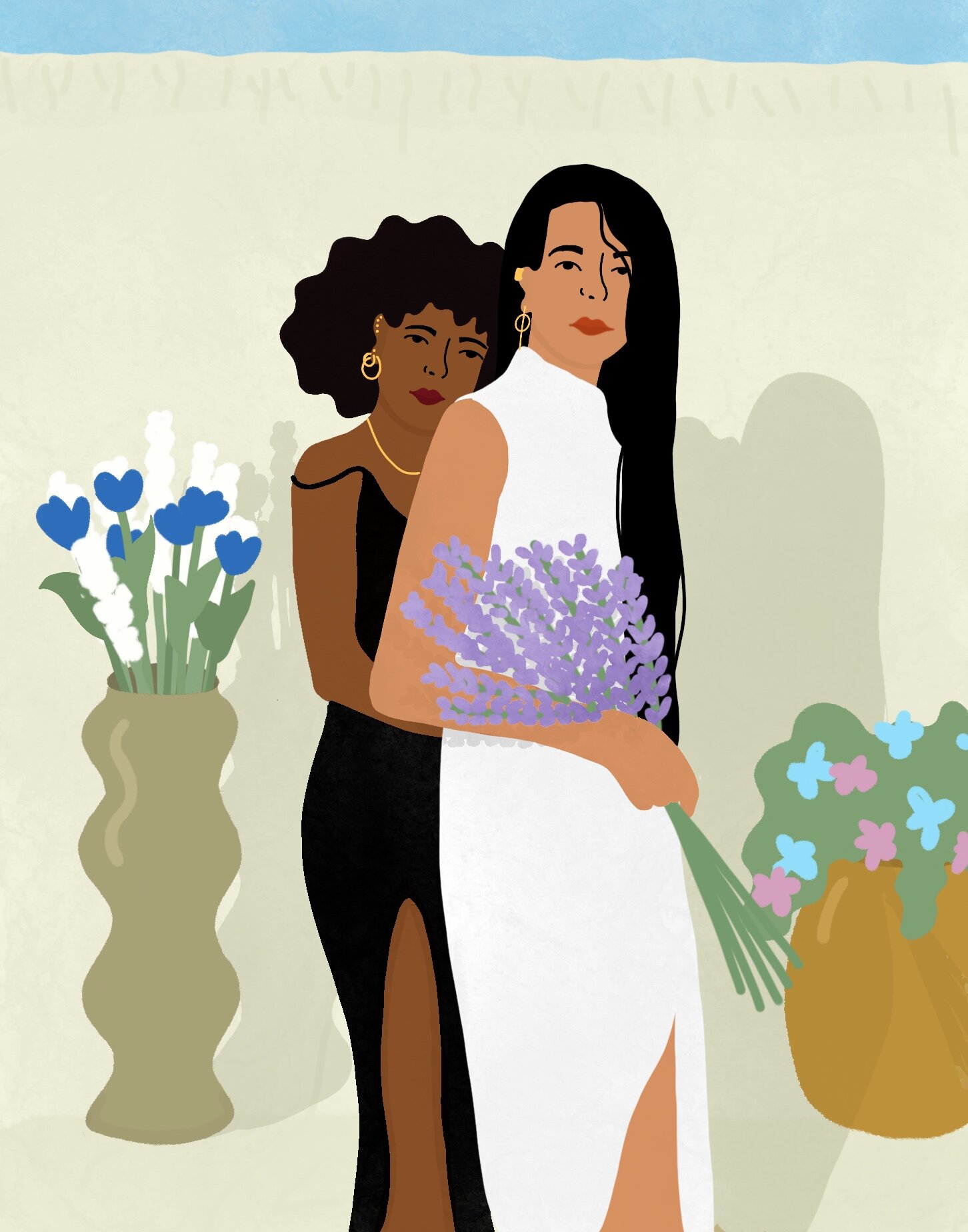 Two characters pose as a couple, with the taller character holding a bouquet of purple flowers.