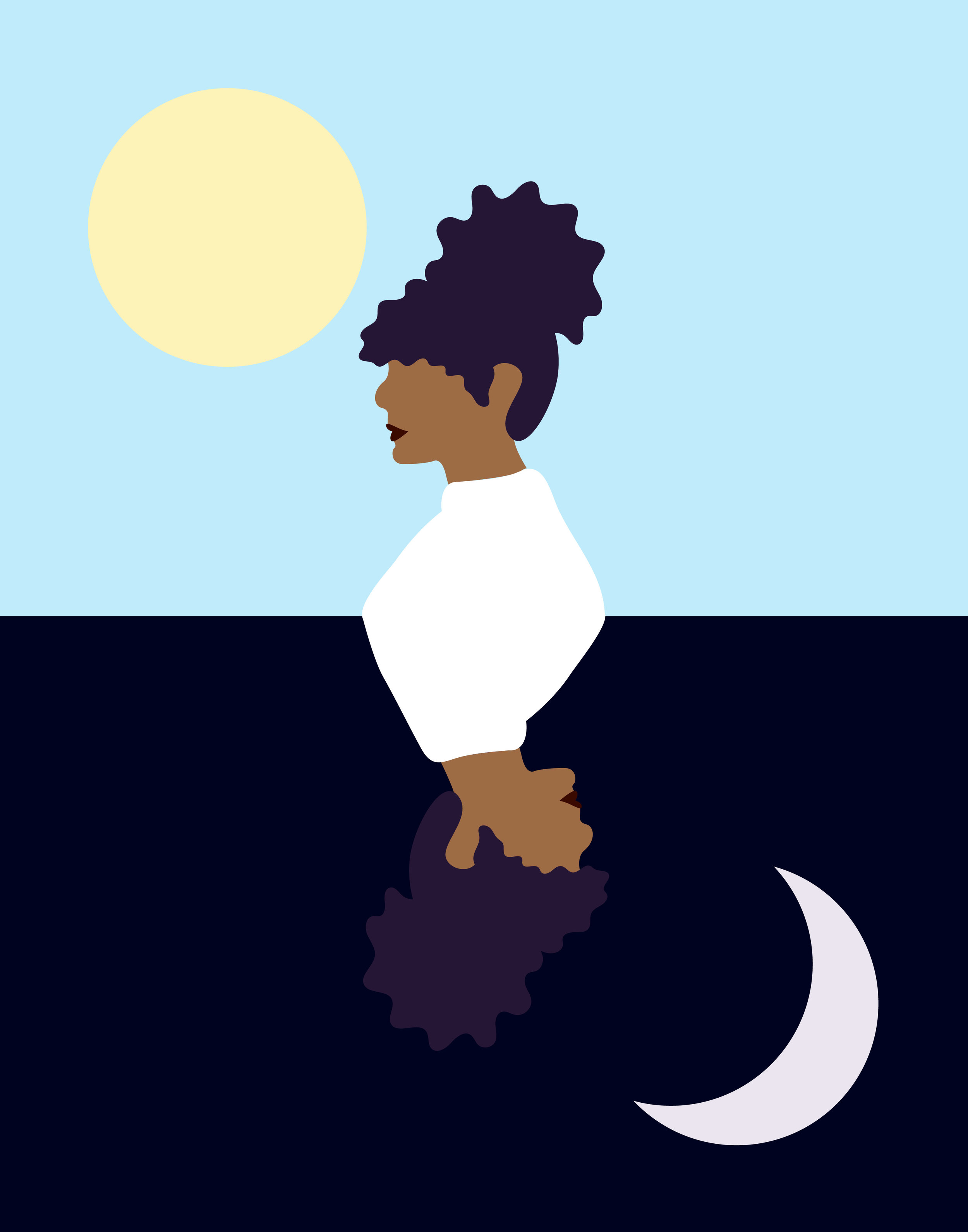 Two characters juxtaposed over a light blue background with a sun on top and a dark blue background with a crescent moon below it.