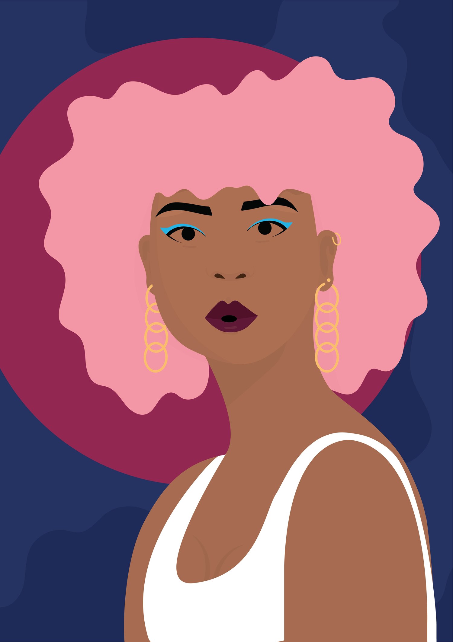 Portrait of a woman with pink hair on a blue background.