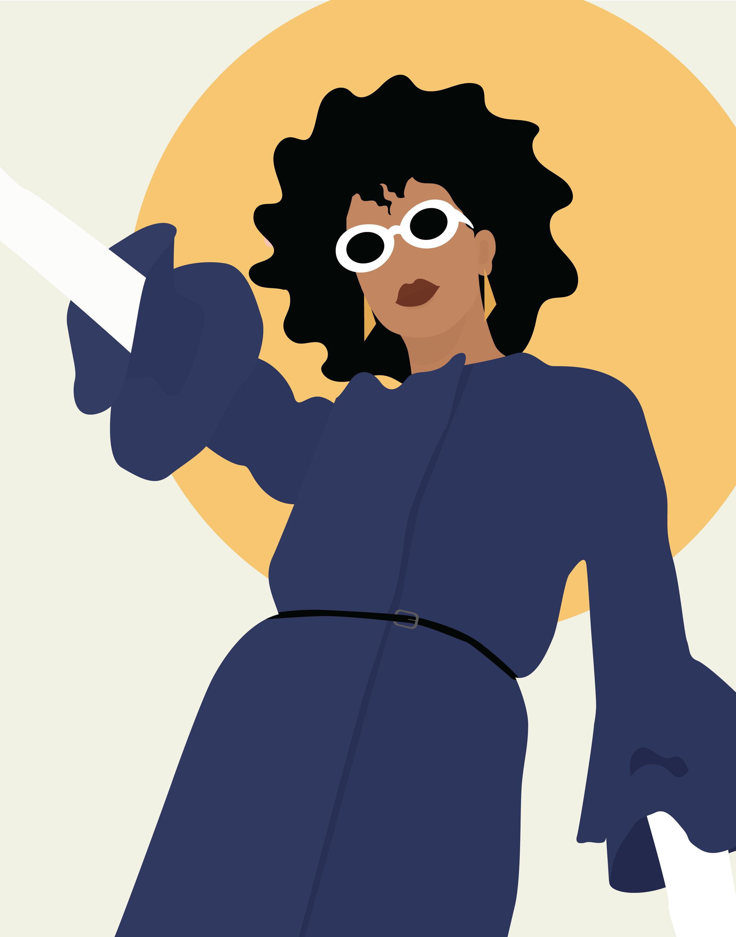 An upward angle of a Black woman in a blue coat with white sunglasses in front of a yellow sun.