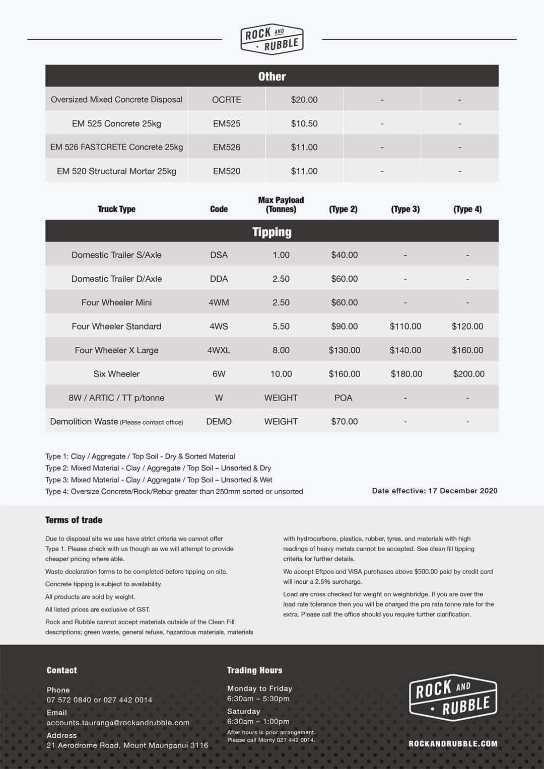 Pricelists Rock and Rubble