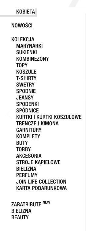 Nawigacja po kategoriach - Zara