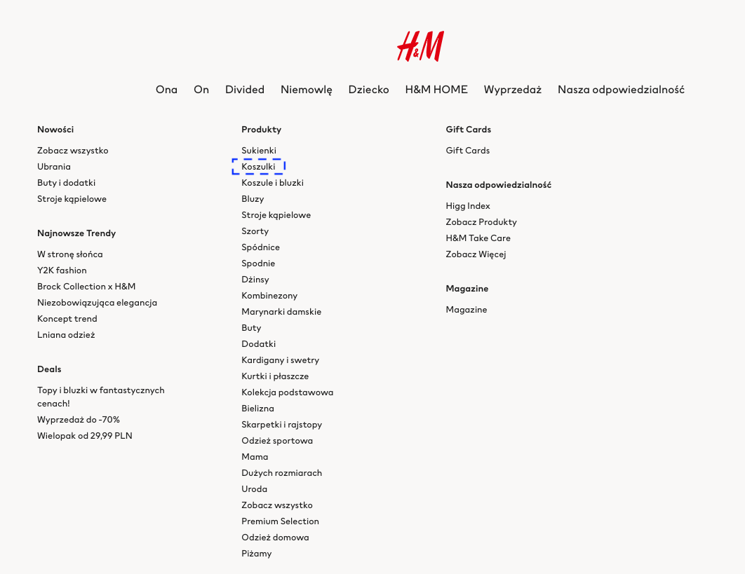 Nawigacja po kategoriach - H&M