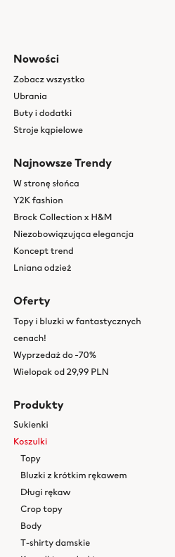 Nawigacja po kategoriach - H&M