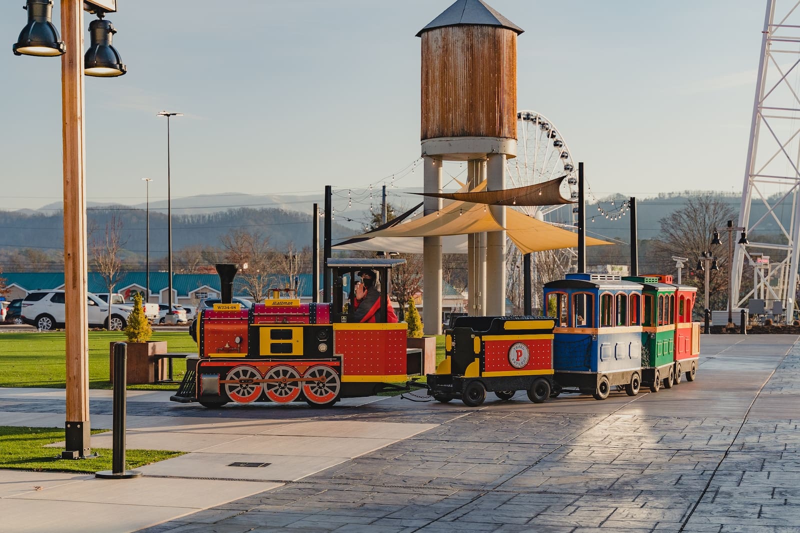 kids train driving in front of the mountain mile in pigeon forge