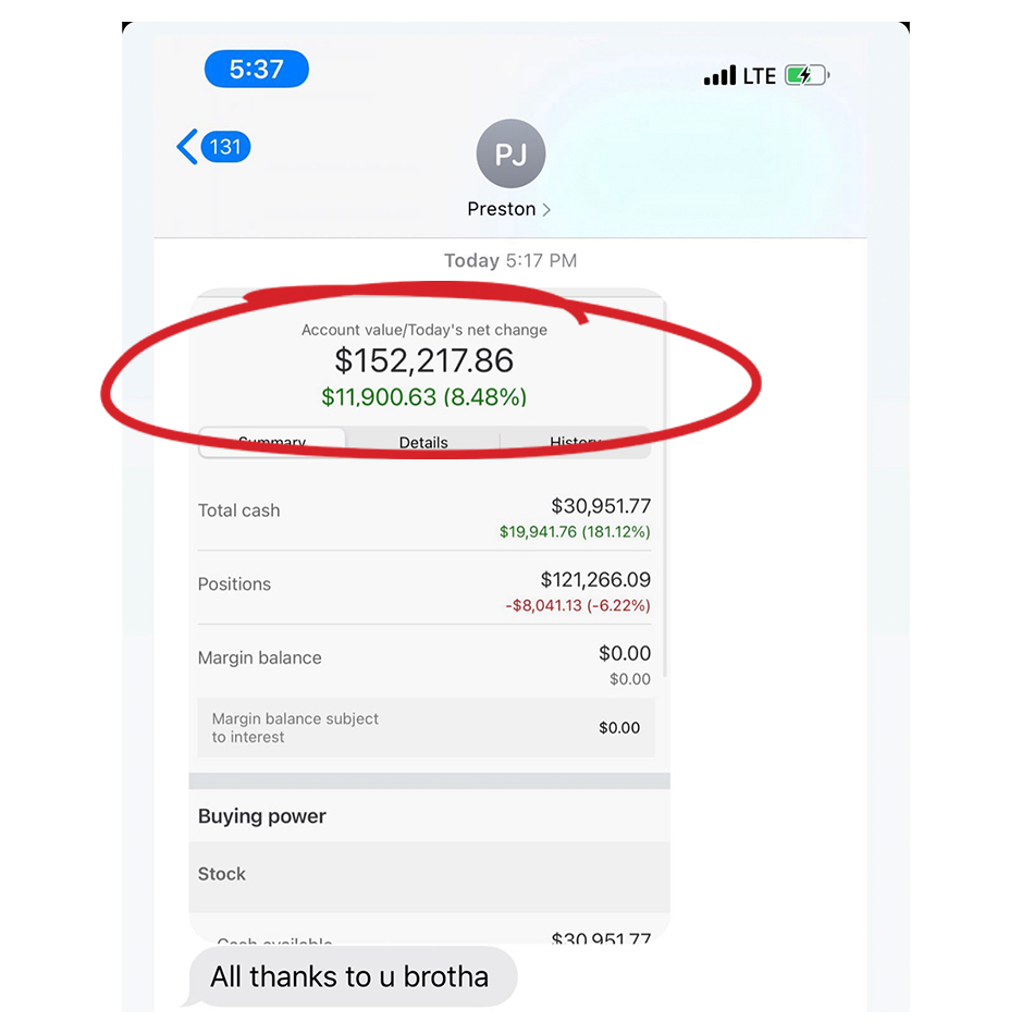 a text chat about stock trading success story screenshot