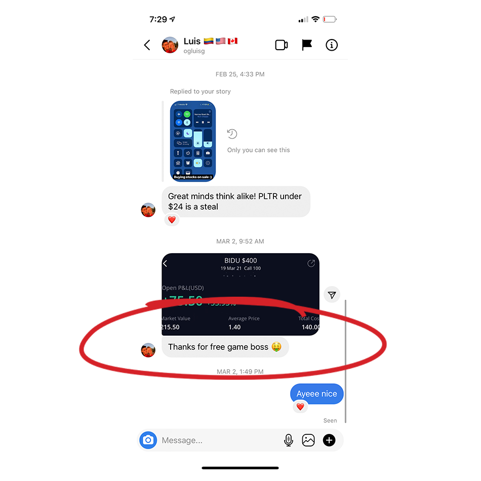 a mobile chat about trading success story screenshot