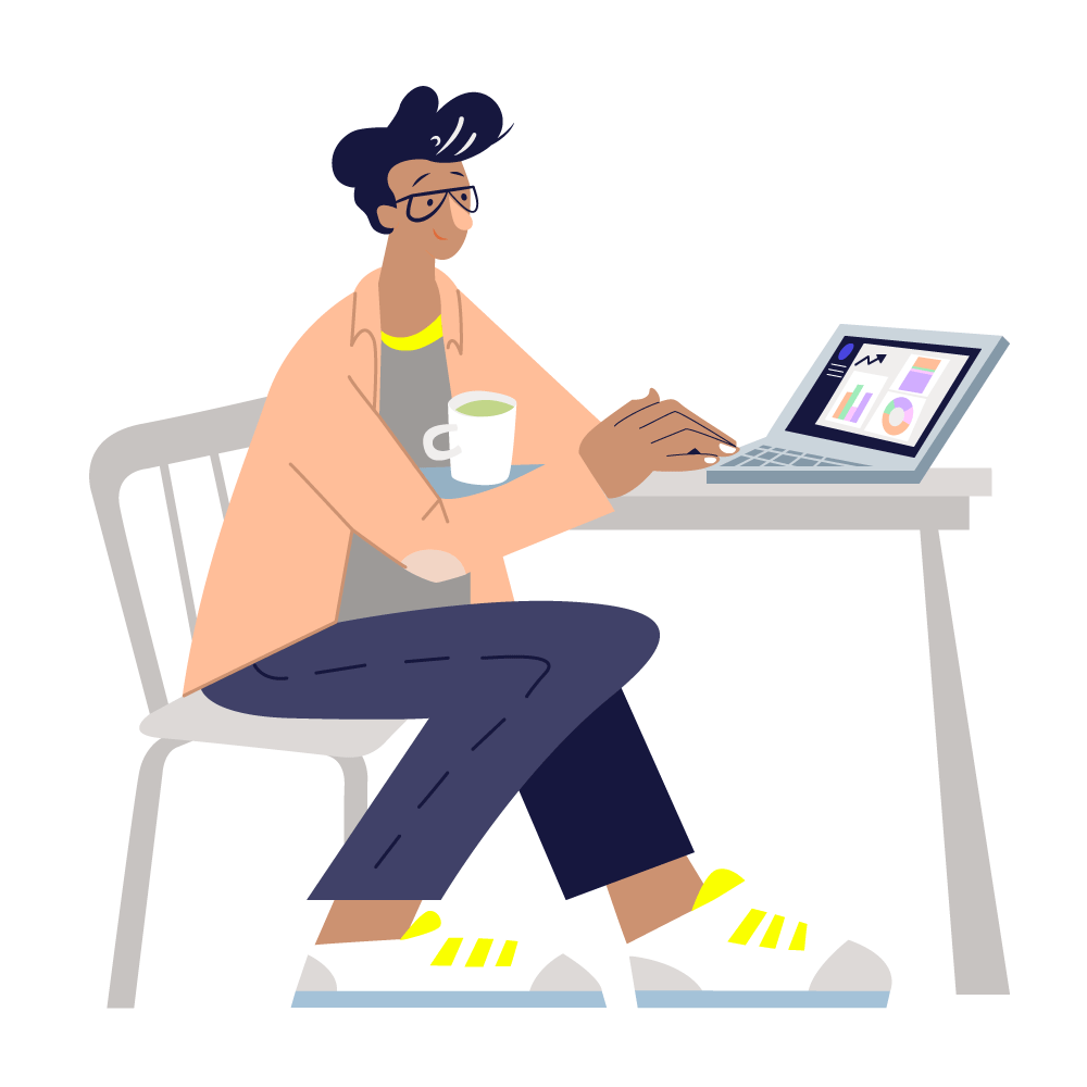 Employee sitting with coffee and looking at their Cuboh dashboard on their laptop.