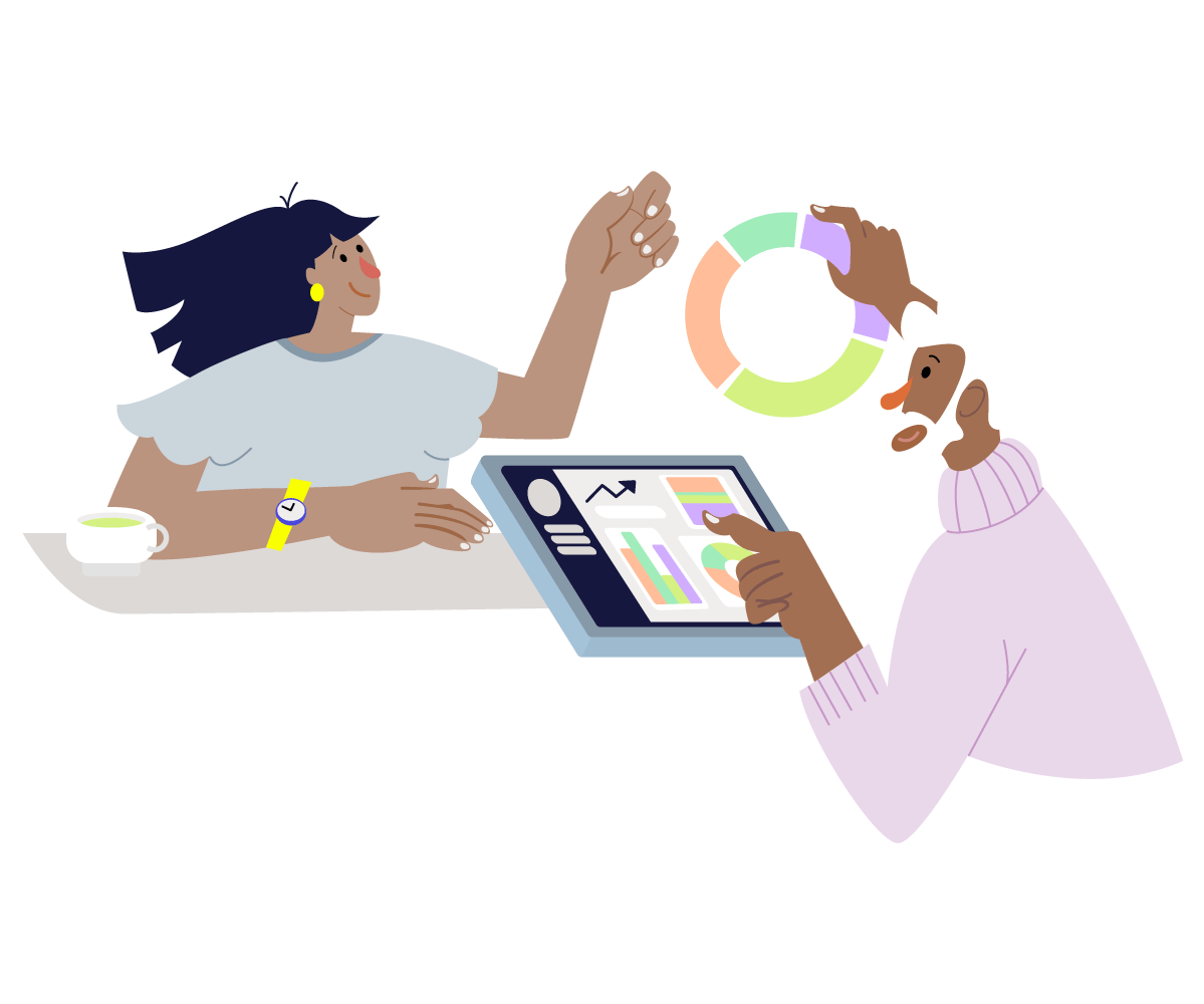 Two employees using the insights from their Cuboh dashboard to discuss ways to innovate their business.