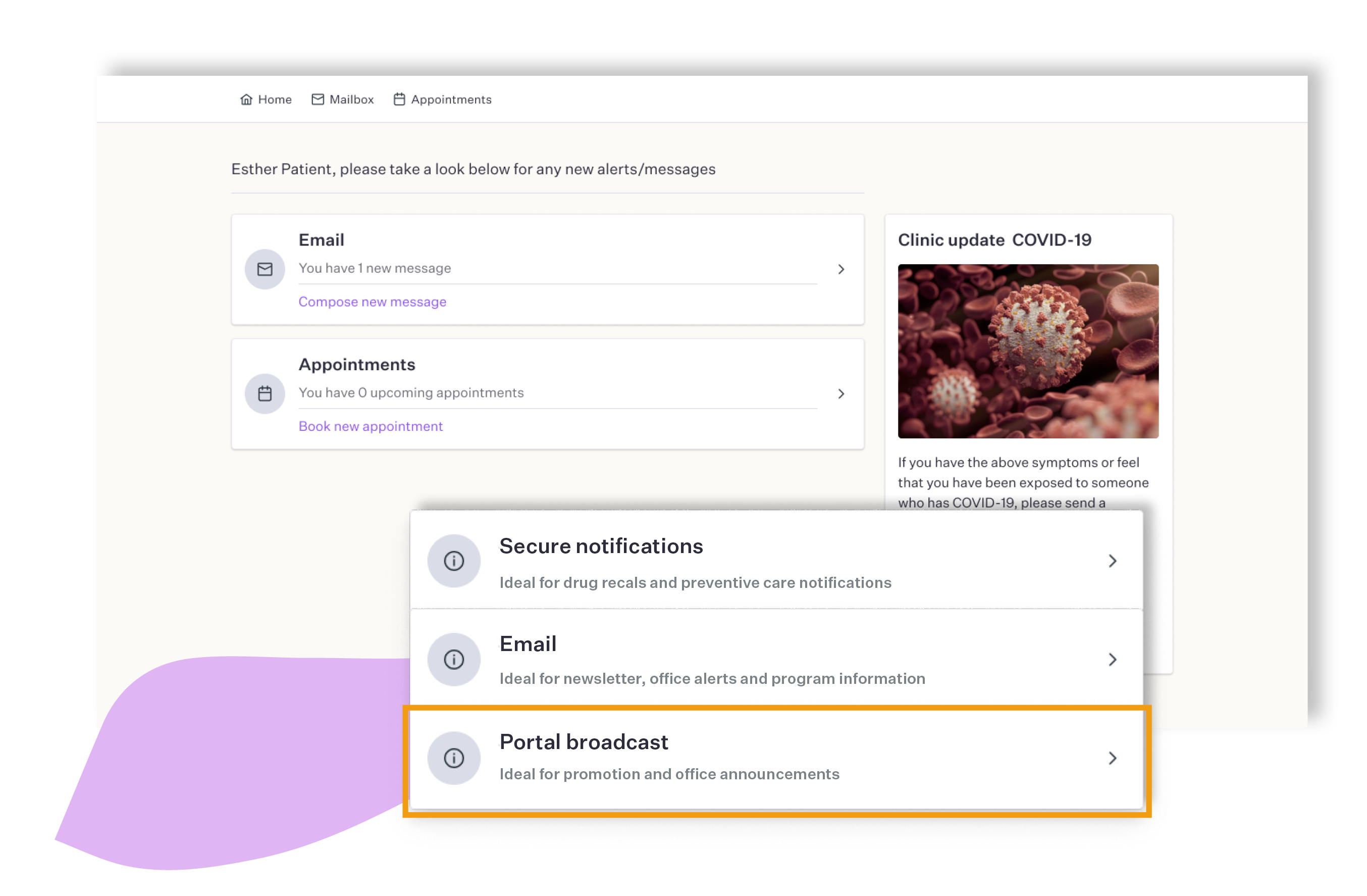 Patient Portal Broadcast - Create a virtual clinic bulletin board for long-term notifications