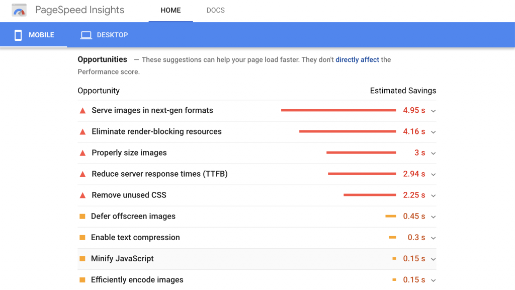 Google PageSpeed Tool - Opportunities