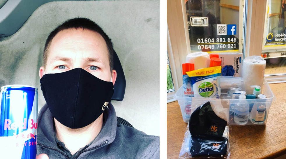 Nick wearing his COVID mask and a box of cleaning agents