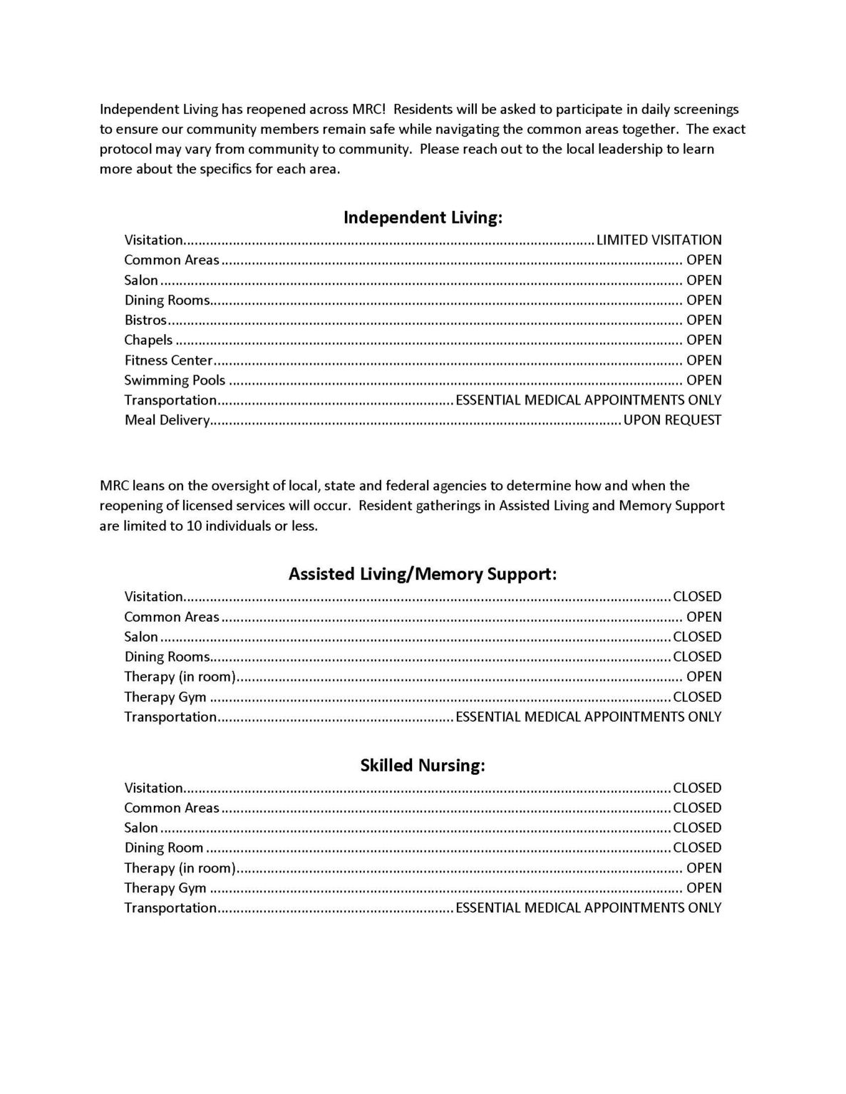 creekside retirement community on Open Or Closed An Mrc Update On What Services And Amenities Are Available To Residents