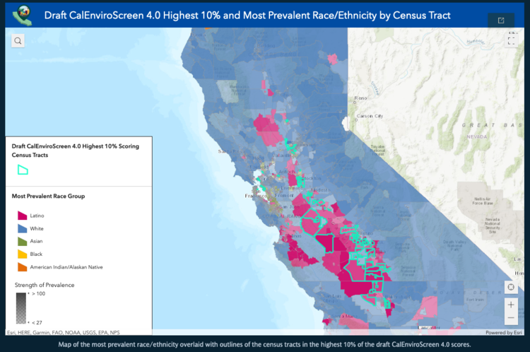 Screenshot of the CalEnviroScreen Tool 4.0, which inspires some of the elements proposed for a Federal tool to determine “environmental justice scores.”