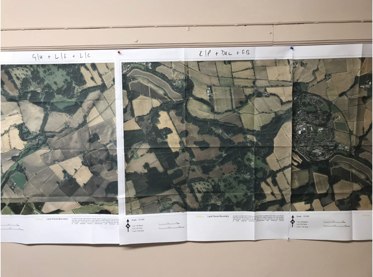 The parcel boundaries of a mixed crop and livestock farm in Scotland is displayed in the office of the estate manager.