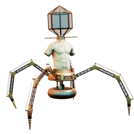 Robotic crab with human torso and a lamp head
