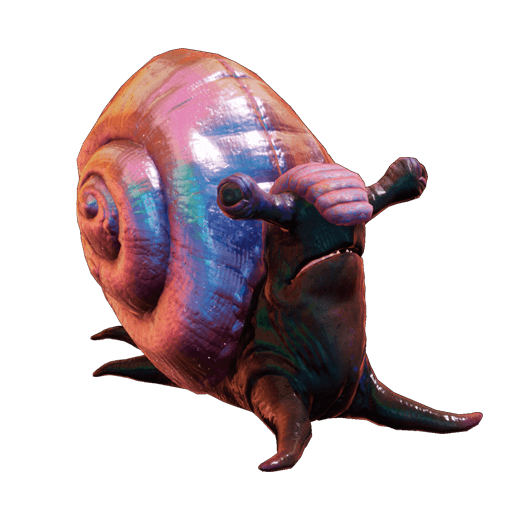 Snail-like creature with a shiny pink shell and dark purple body