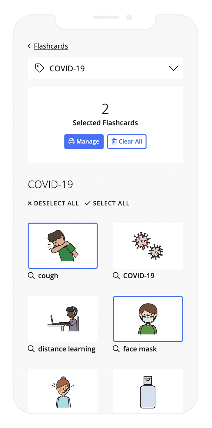 A phone displaying a flashcard category called Prevention, and some flashcards in this set (including "cover your cough", "drink lots of fluids"). Two flashcard images are selected to show that you can select images to build a set of your own.