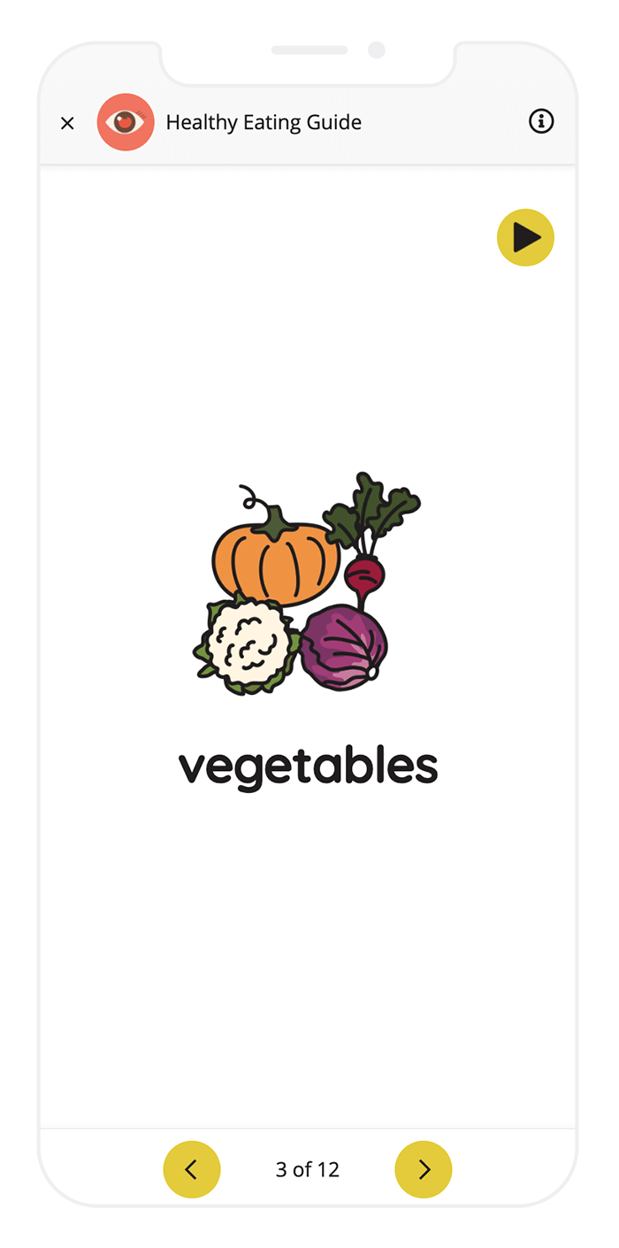 A screenshot of a Picture Dictionary task, showing an image of a pumpkin, radish, cauliflower, and cabbage, and the word "vegetables" shown below.
