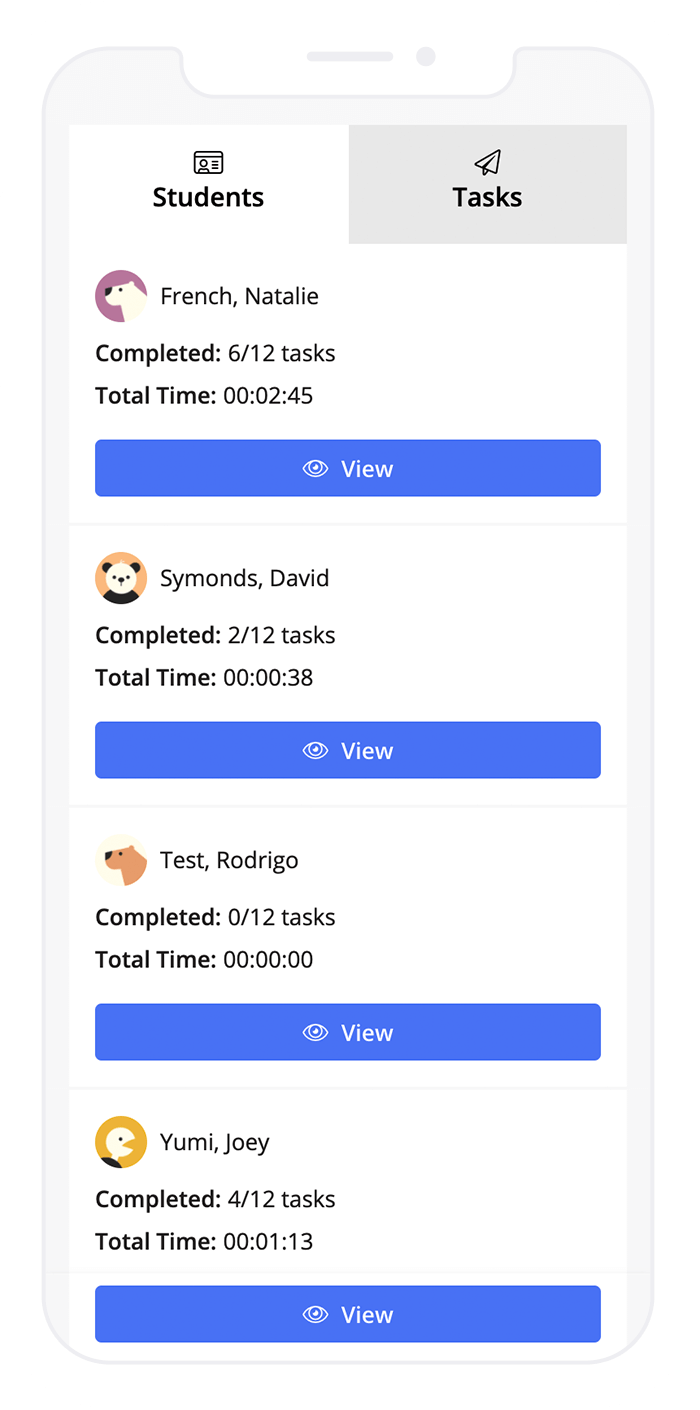 A phone displaying assignment completion for a list of students in a class.