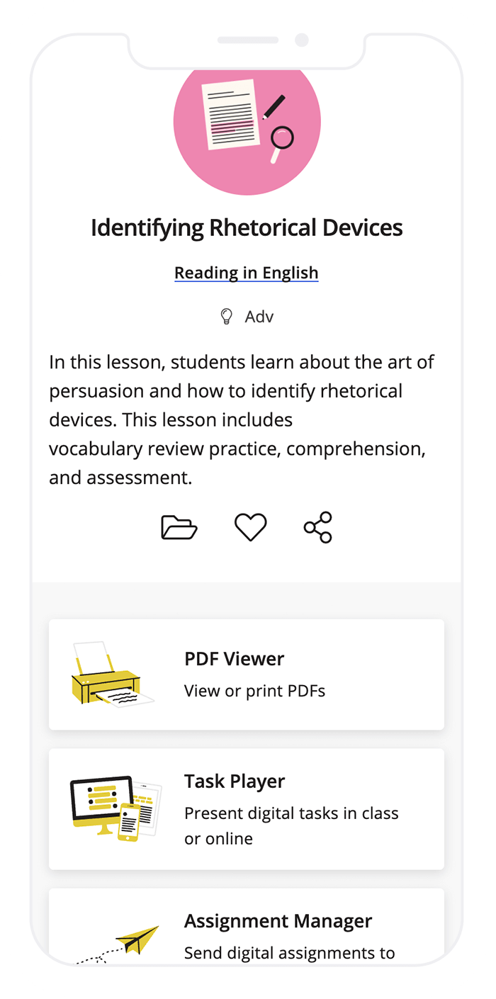 A phone displaying the landing page for a lesson on an Identifying Rhetorical Devices. It shows a brief introduction to the lesson, and buttons to open the pdf viewer, the task player, or the assignment manager.