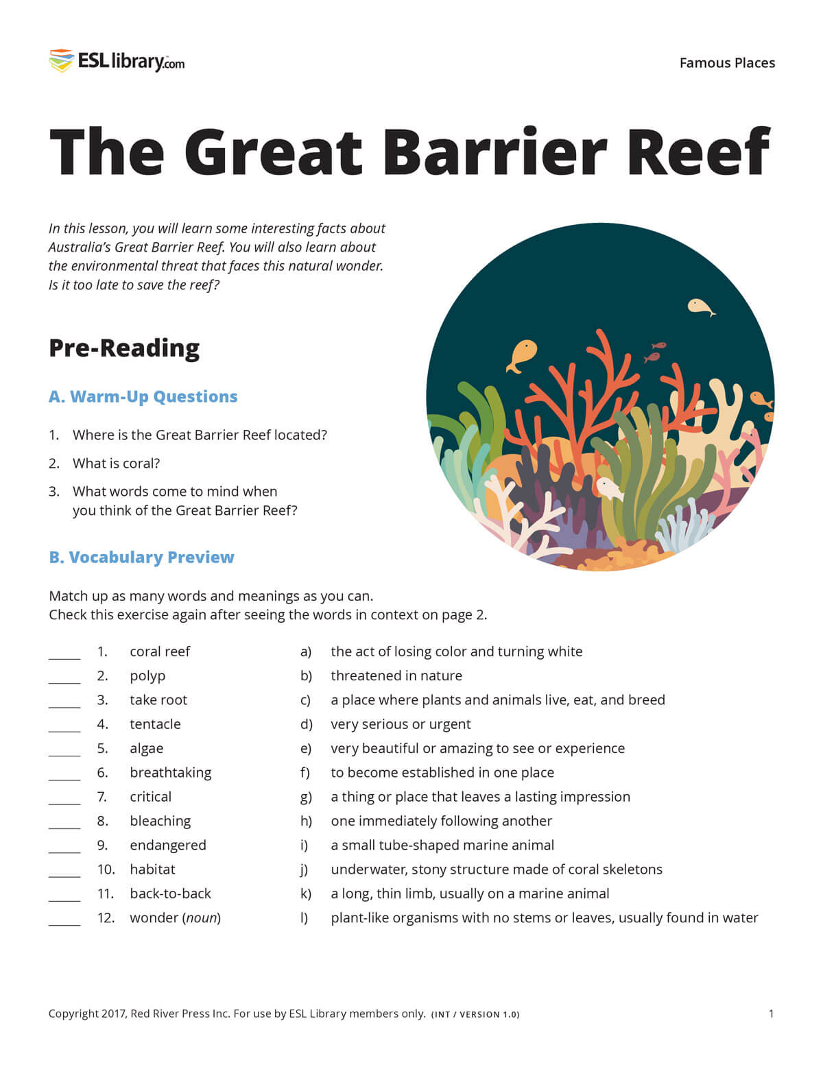 A sample lesson page from the print version of The Great Barrier Reef, showing pre-reading activities such as warm-up questions and a vocabulary preview, as well as an illustration of coral and fish.