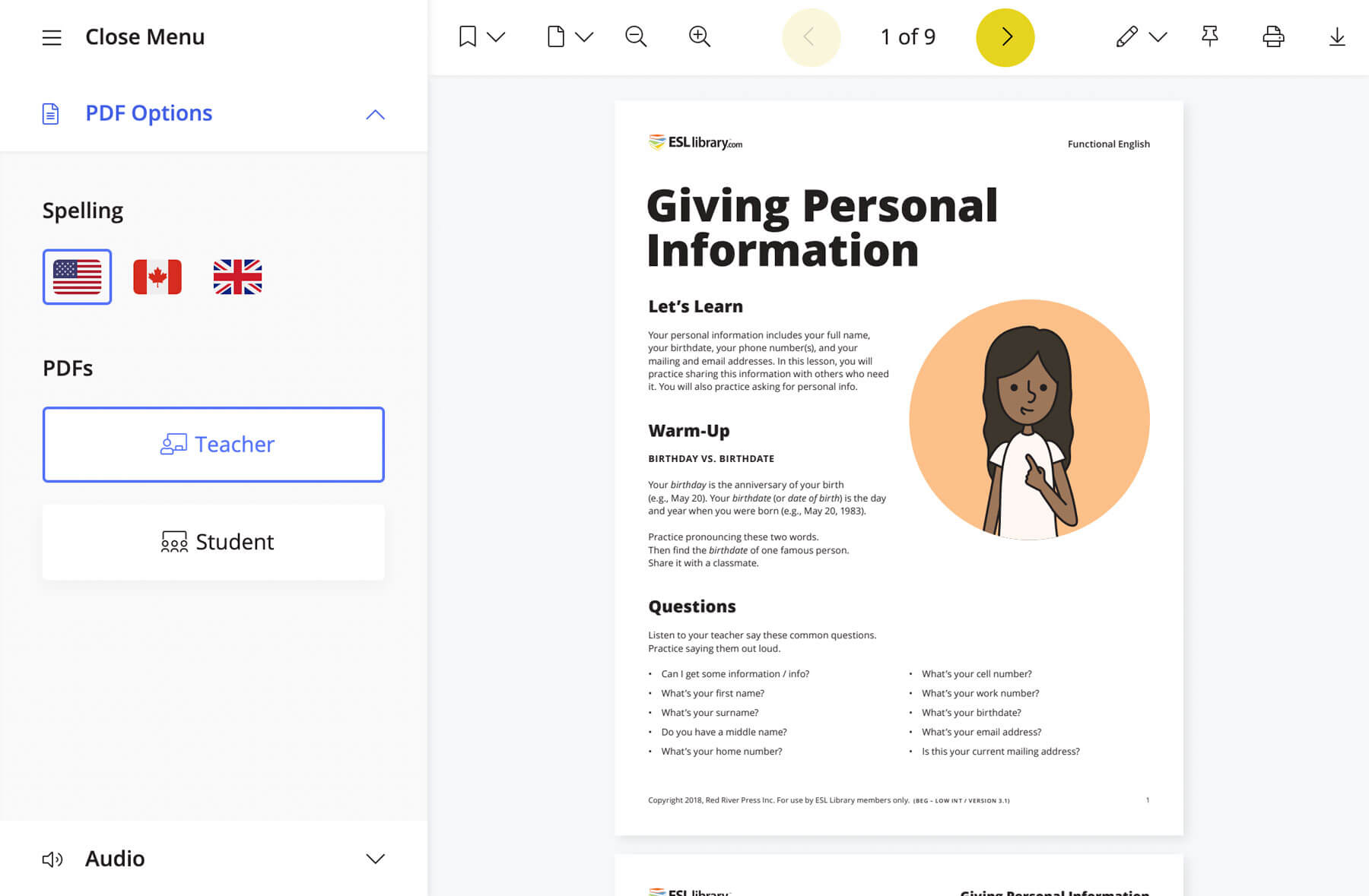 A screenshot of our PDF viewer, showing a lesson PDF, the spelling versions available, and other features including printing, annotation, and sharing.