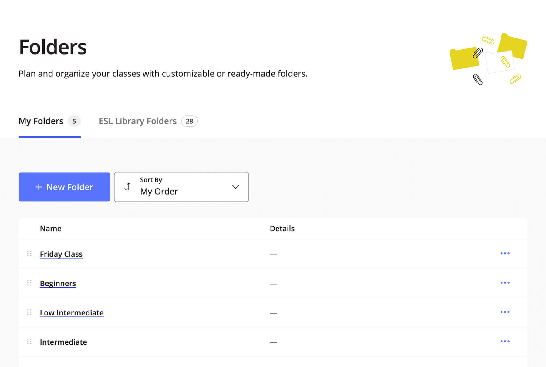 A screenshot of the My Folders section, which shows a list of a user's folders.