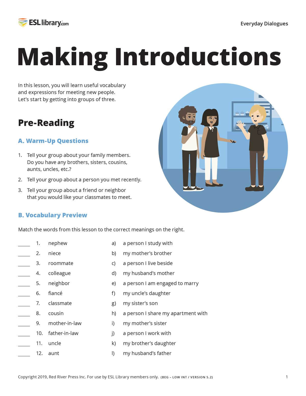 A sample lesson page from the print version of a dialogues lesson on Making Introductions, showing pre-reading activities such as warm-up questions and a vocabulary preview, as well as an illustration of three people talking in a cafe.