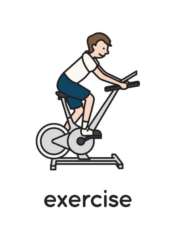 A floating flashcard sample with an illustration of a man on an exercise bike, and the caption "exercise."