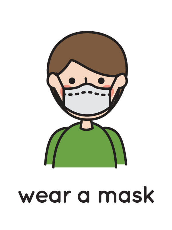 A floating flashcard sample with an illustration of a person wearing a medical mask, and the caption "wear a mask." A pair of scissors are layered over the flashcard indicating it can be printed and cut out.