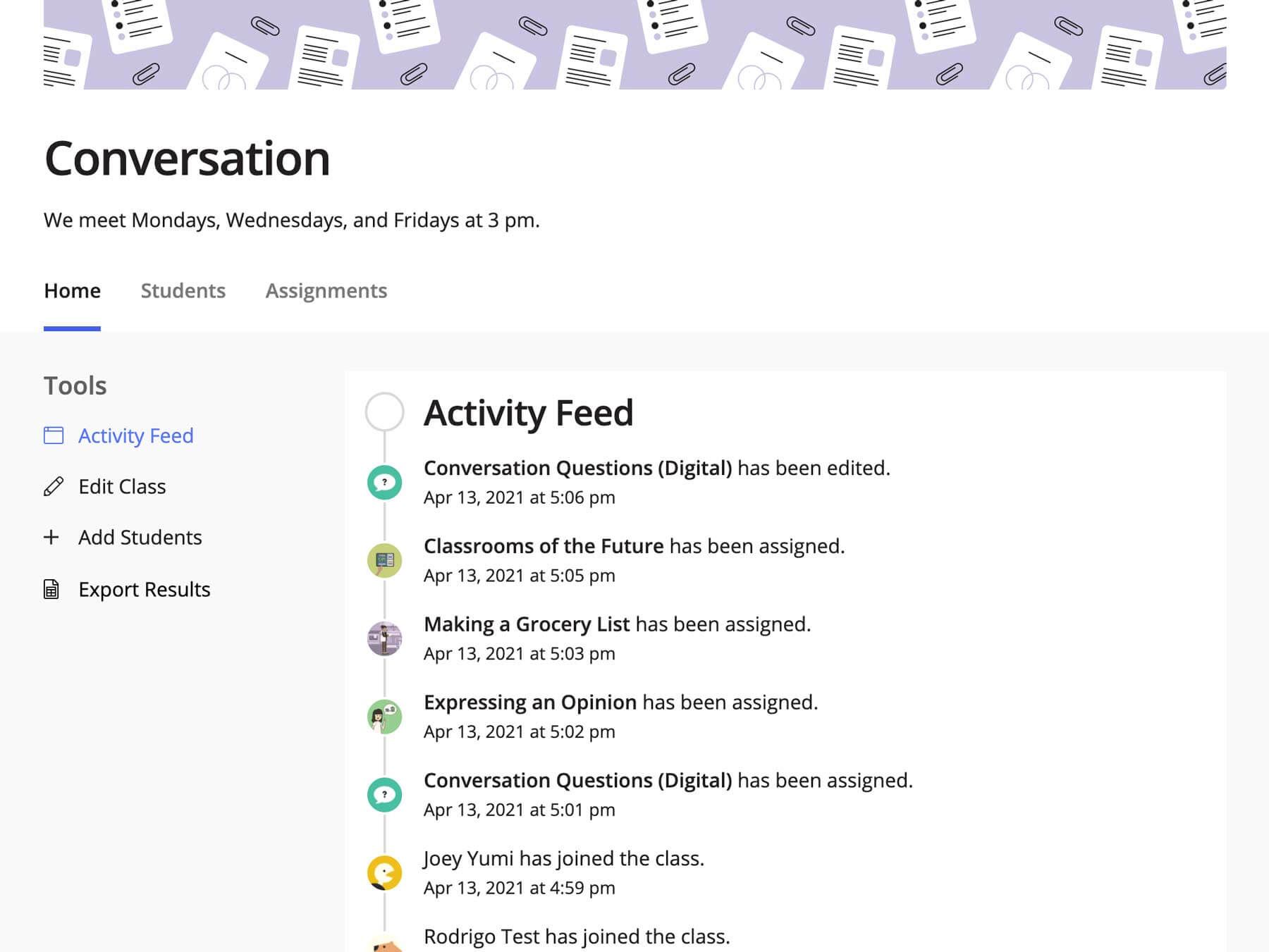 A screenshot of a class page for a conversation class. It is displaying a list of activity, such as students joining, and lessons assigned.