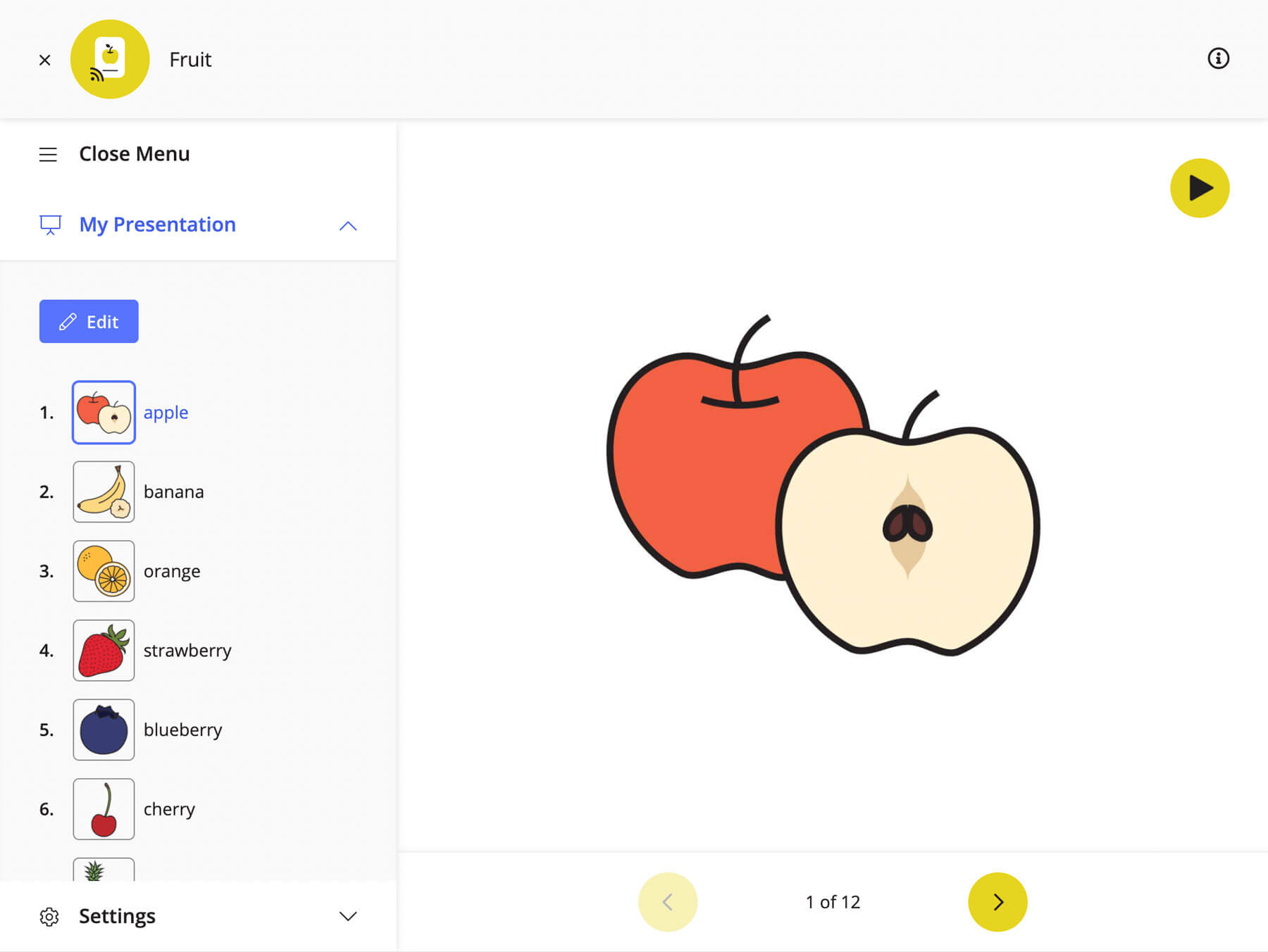 A screenshot of the flashcard player, showing the side menu (containing presentation slides), as well as the main area displaying the flashcard image. This presentation features fruit vocabulary.