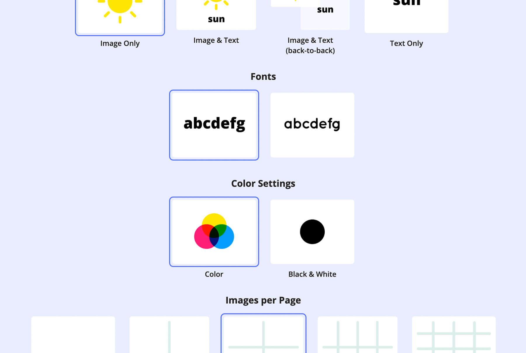 A screenshot of flashcard PDF settings (including image/text settings, font settings, color settings, flashcards per page, etc.)