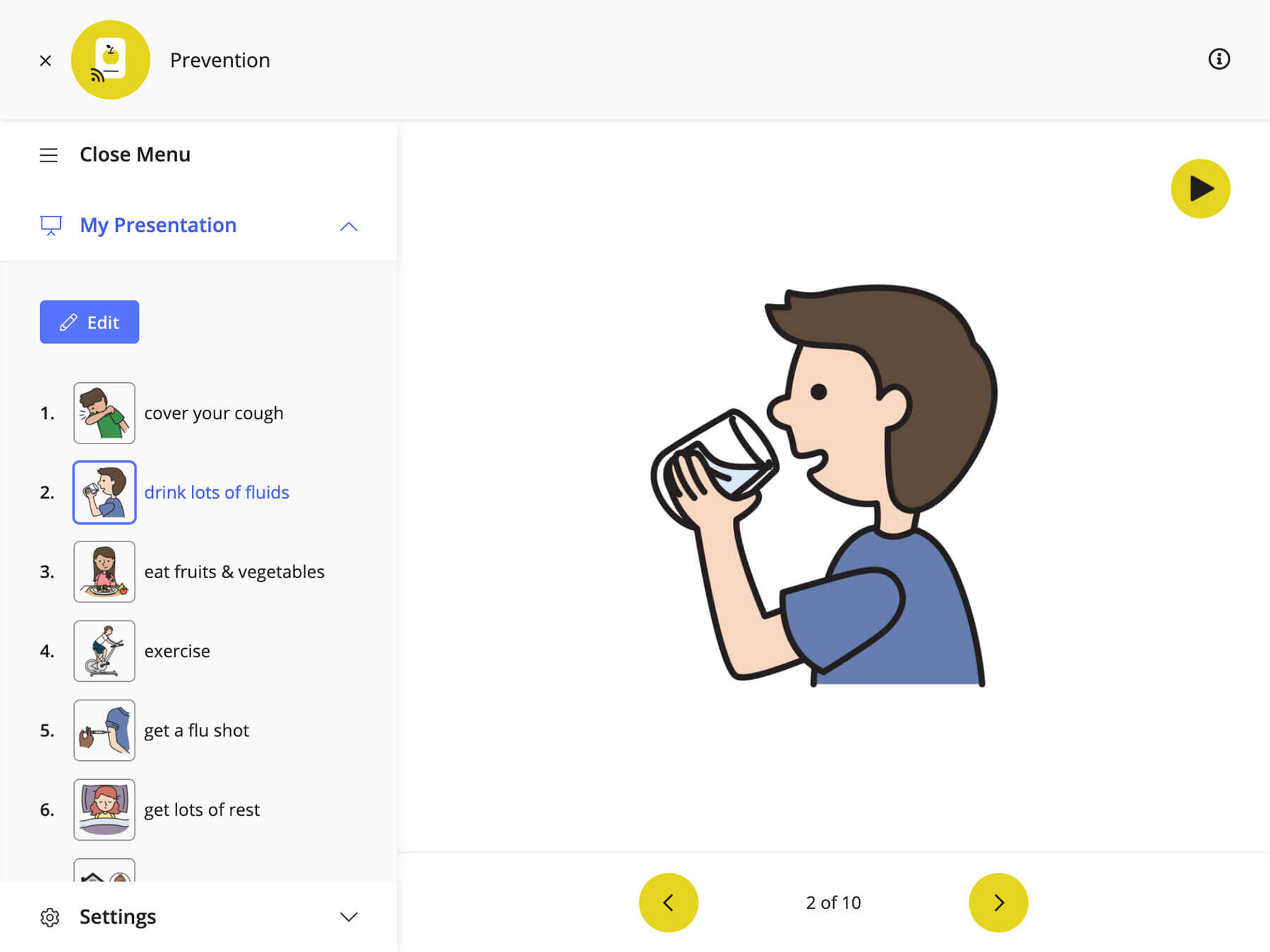 A screenshot of the flashcard player, showing the side menu (containing presentation slides), as well as the main area displaying the flashcard image. The set shown here is on Covid-19 prevention, and the flashcard featured is "drink lots of fluids."