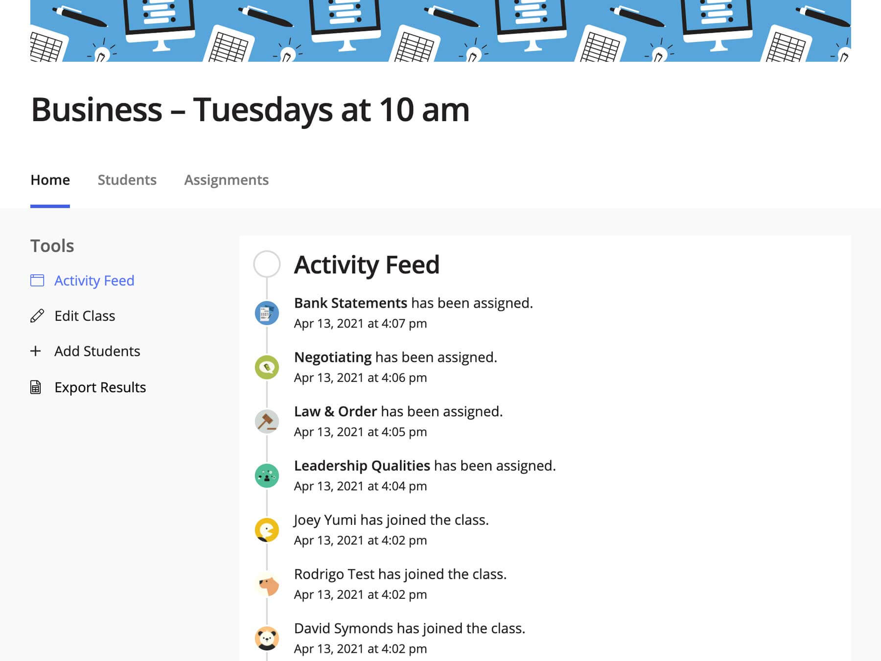 A screenshot of a class page for a business class. It is displaying a list of activity, such as students joining, and lessons assigned.