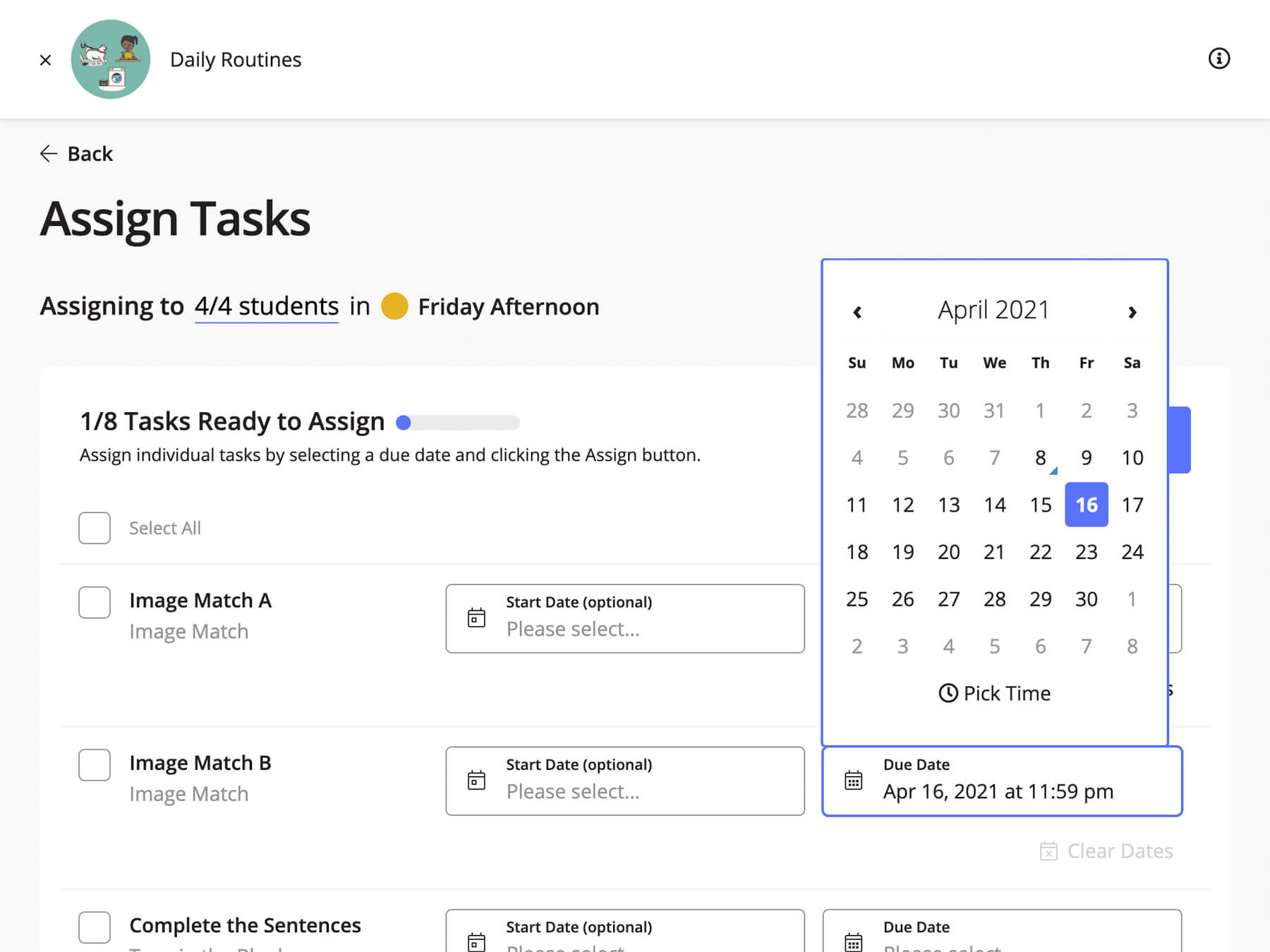 A screenshot of part of the task assignment process. A teacher is selecting a due date for an image matching task for their Friday Afternoon class.