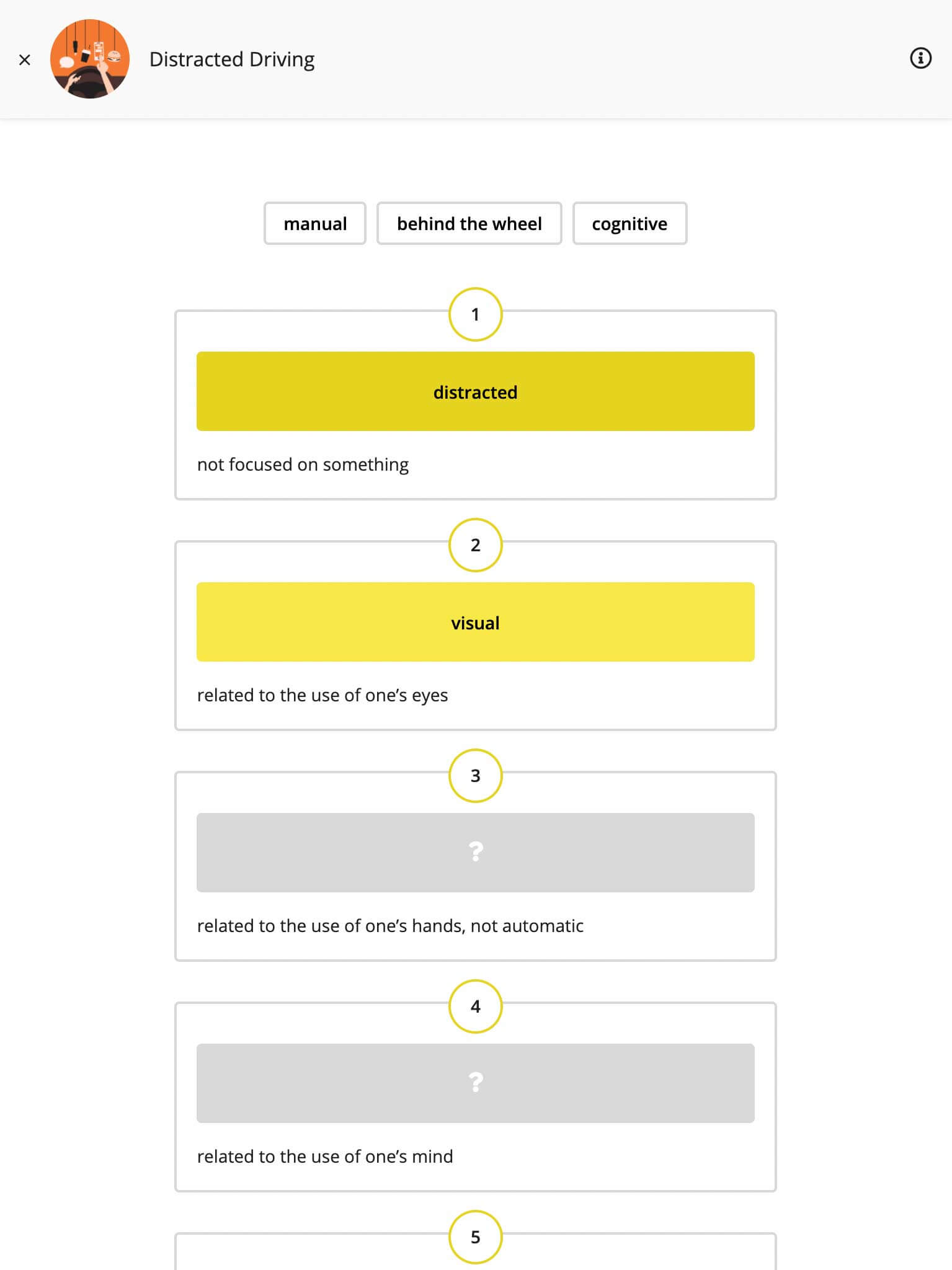 A screenshot of a digital vocabulary task from a discussion lesson on Distracted Driving, showing words being matched to definitions.