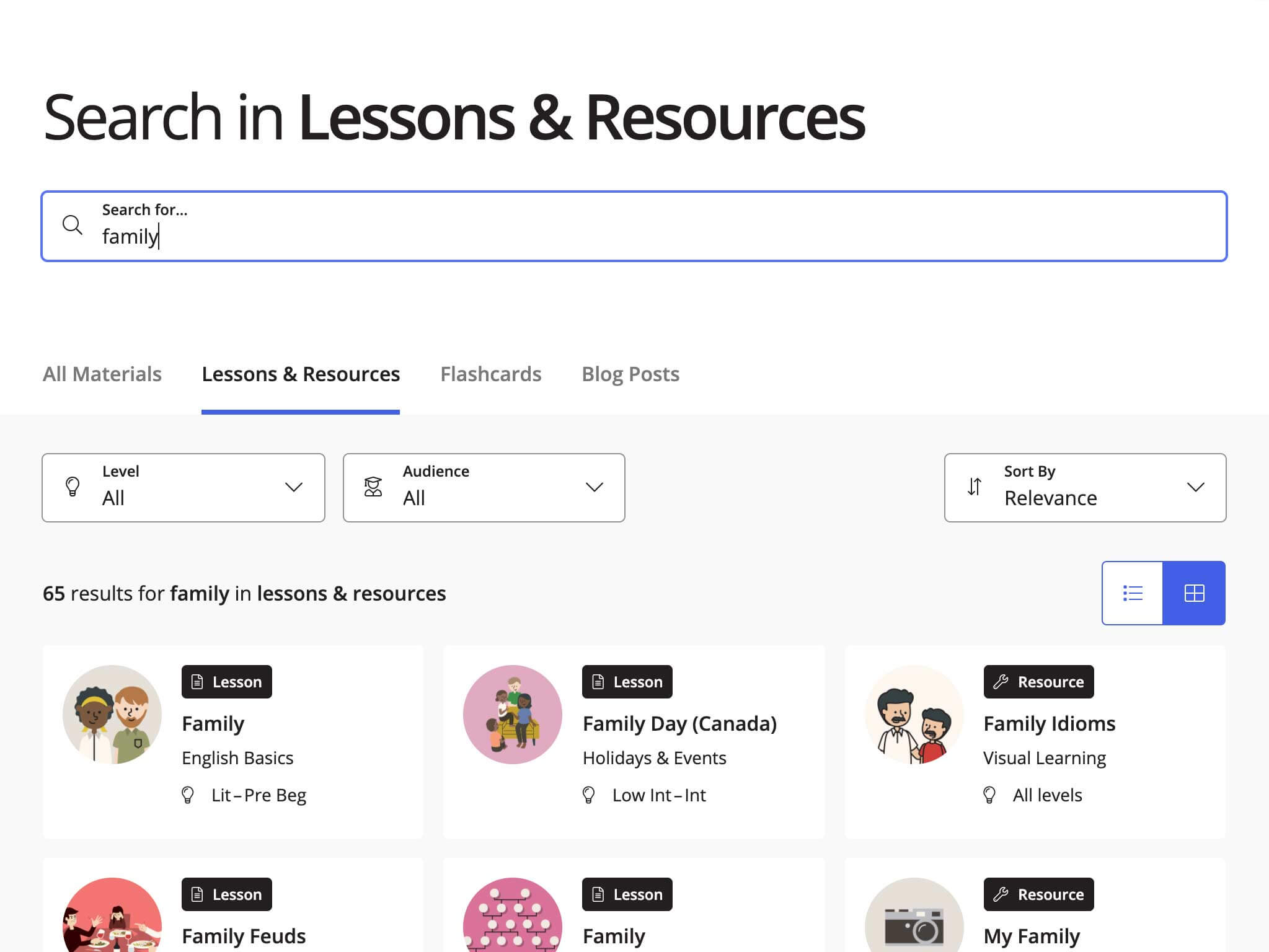 A screenshot of results for the search term "family" inside lessons and resources. Also pictured are sorting, filtering, and view options.